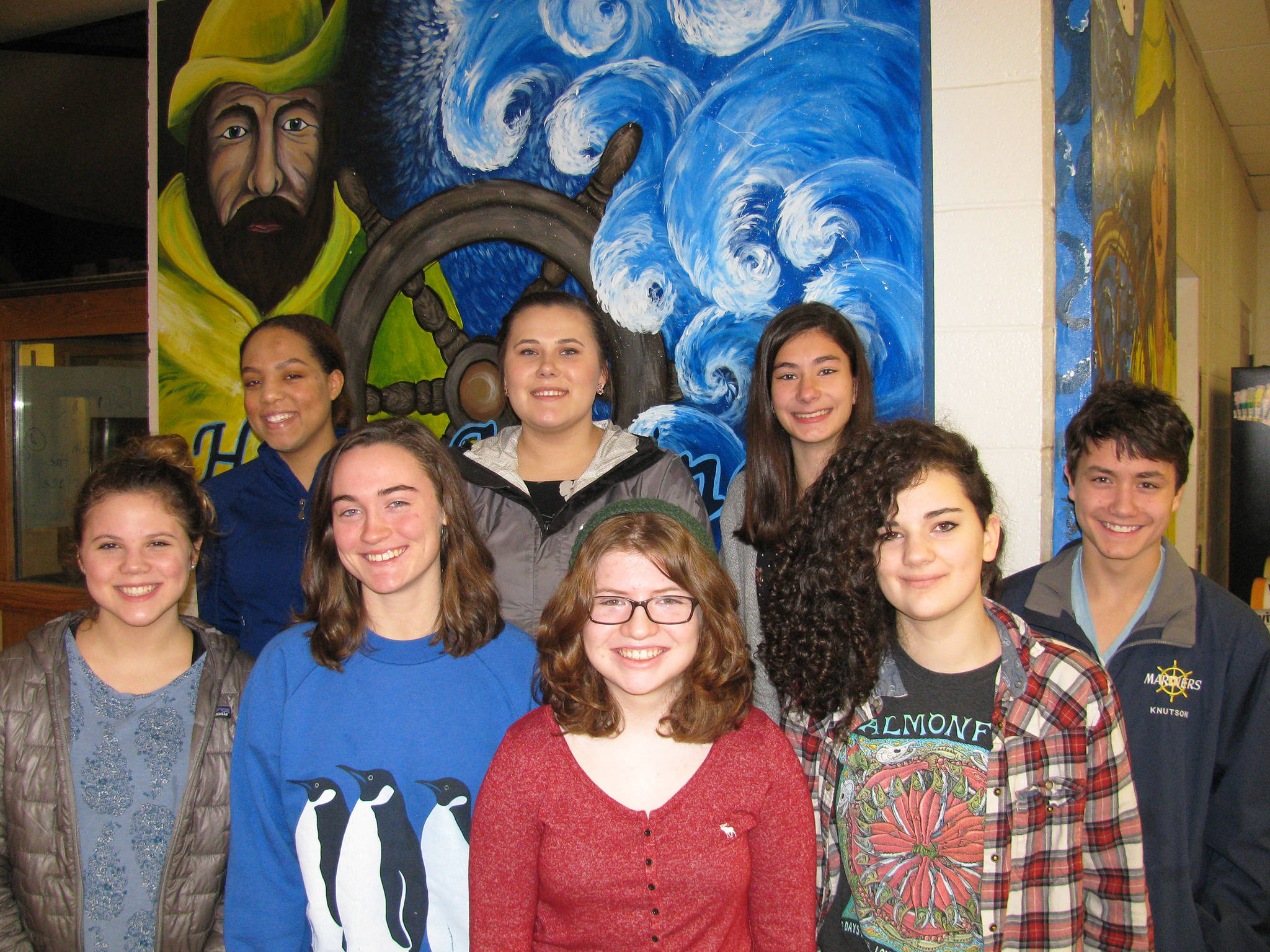 Homer High School students pose in celebration of being named Mariners on the Move for this quarter. Back row from left to right: Alia Bales, Ksenia Kuzmin, Kara Super and Bergen Knutson. Front row from left to right: Rylee Doughty, Ali McCarron, Alicia Bianchi and Emma Sulczynski. (Photo courtesy Paul Story)