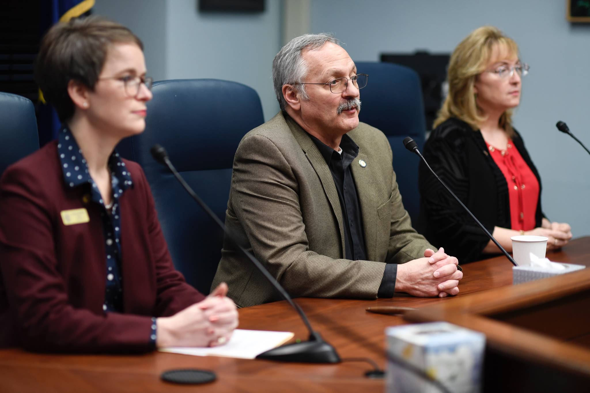 Rep. David Talerico, R-Healy, speaks during a press conference with Rep. Sarah Vance, R-Homer, left, and Rep. Colleen Sullivan-Leonard, R-Wasilla, at the Capitol on Tuesday, Jan. 29, 2019. (Michael Penn | Juneau Empire)
