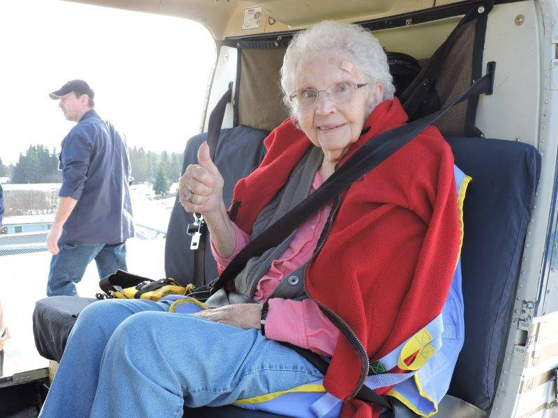 Local resident Betty George, 84, prepares for a ride on a helicopter on Feb. 6, 2019 at South Peninsula Hospital in Homer, Alaska. (Photo courtesy South Peninsula Hospital)