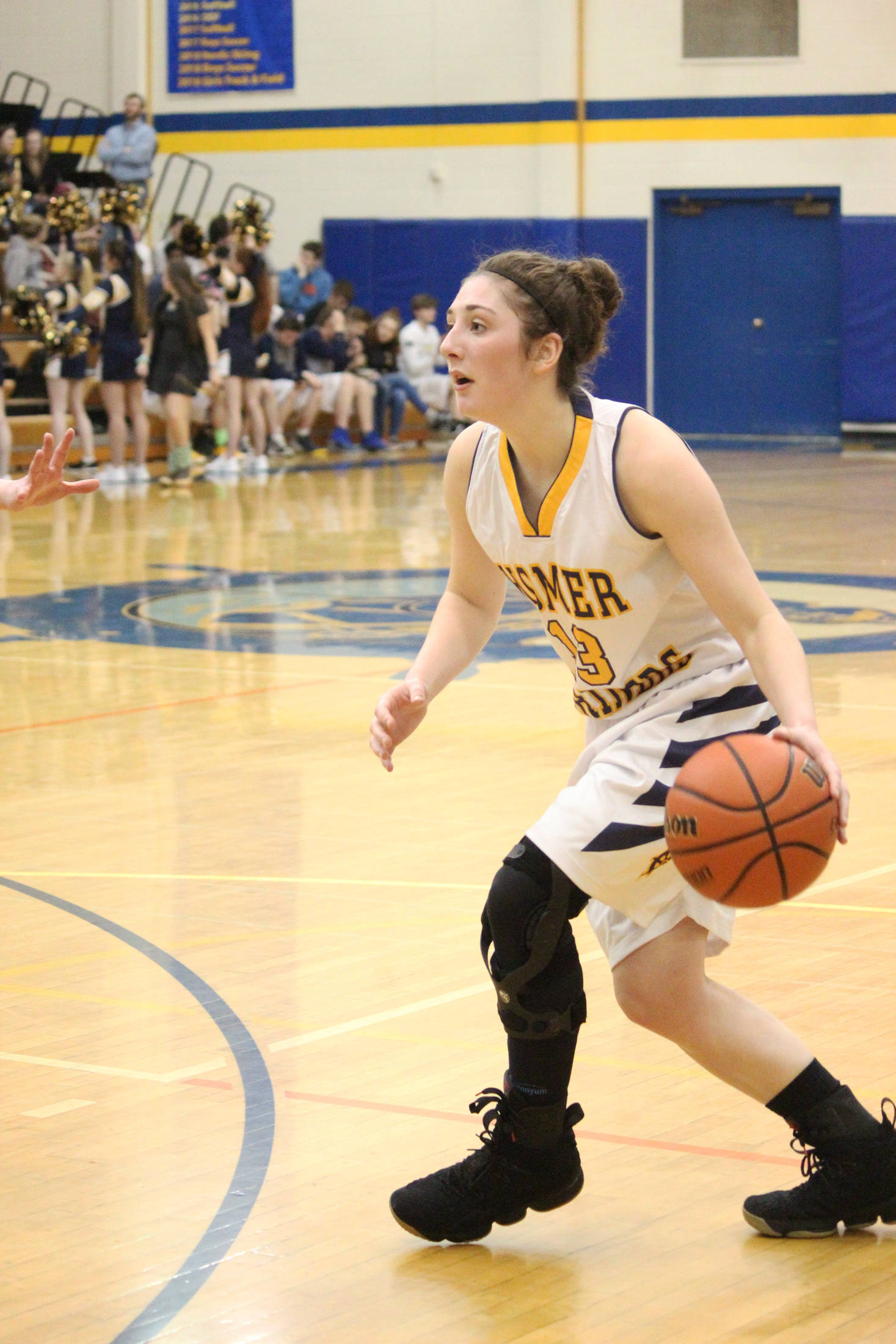 Homer’s Rylyn Todd dribbles the ball during a Friday, Feb. 22, 2019 game against Grace Christian School in Homer, Alaska. Todd was celebrated along with two other Lady Mariners for Senior Night. (Photo by Megan Pacer/Homer News)