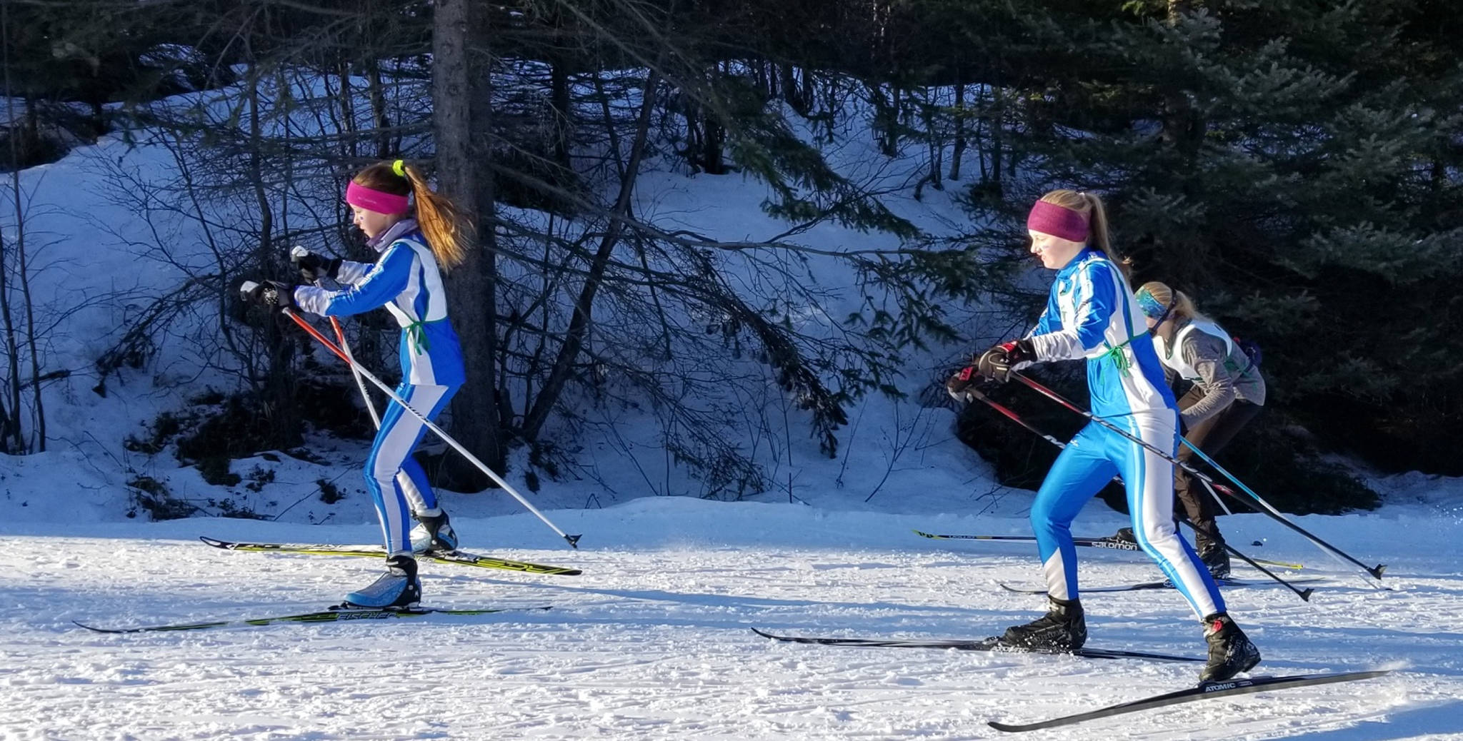 Eryn Field (left) leads a group of skiers at the Seward Middle School Invitational Nordic Ski Race held the weekend of Feb. 22-23, 2019 in Seward, Alaska. (Photo courtesy Mike Gracz)