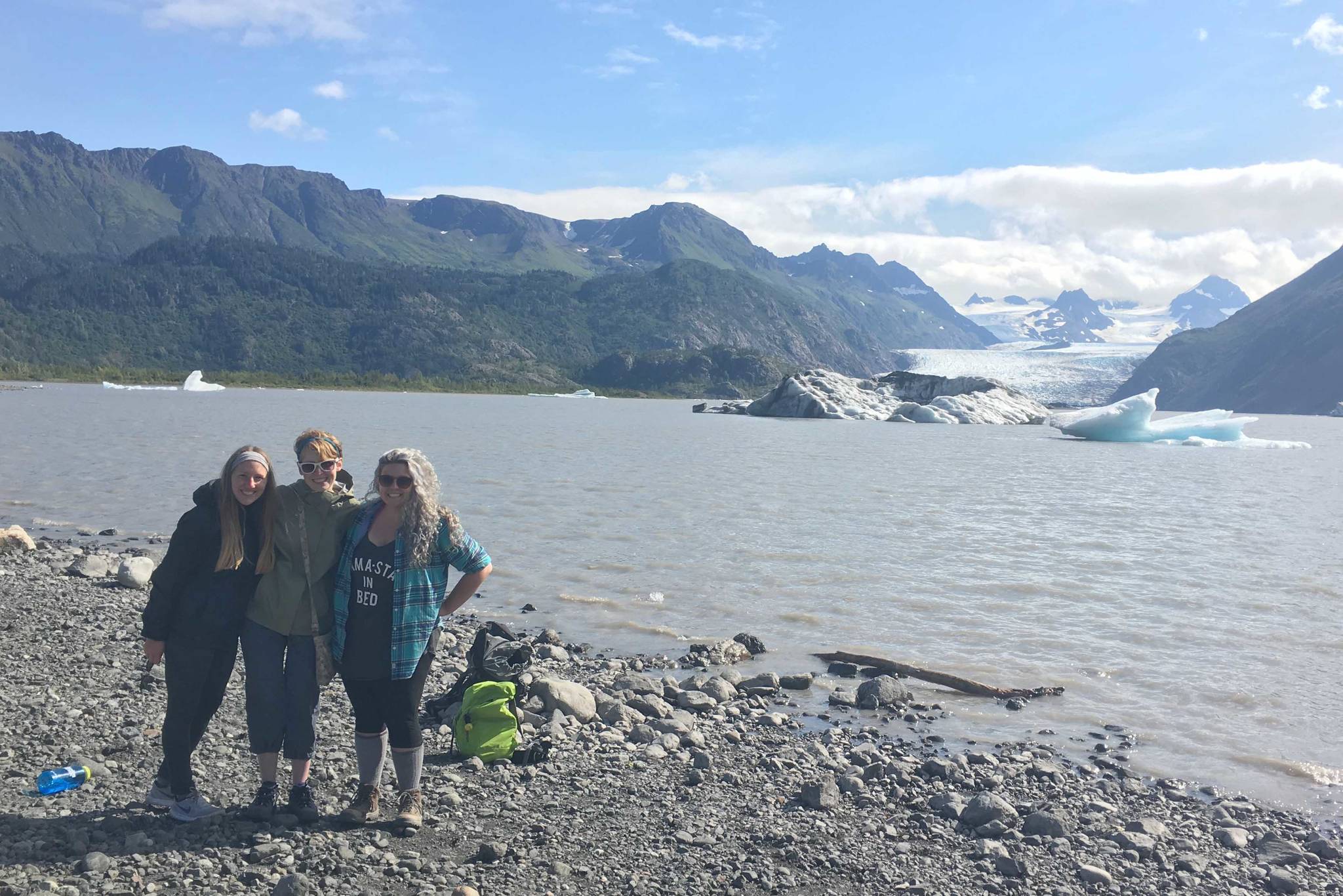 The author (right) with a pair of friends at Grewingk Glacier in August 2018 near Homer, Alaska. (Photo courtesy Megan Pacer)