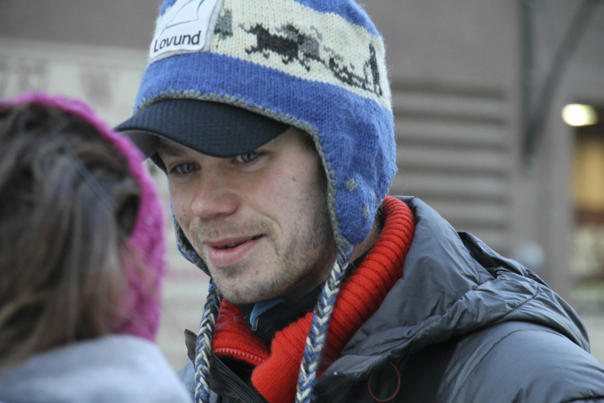 Iditarod Trail Sled Dog Race defending champion Joar Ulsom, of Norway, talks to fans before the ceremonial start of this year’s race Saturday, March 2, 2019, in Anchorage, Alaska. Ulsom and 51 other mushers will officially start the race Sunday, March 3, 2019, in Willow, Alaska. (AP Photo/Mark Thiessen