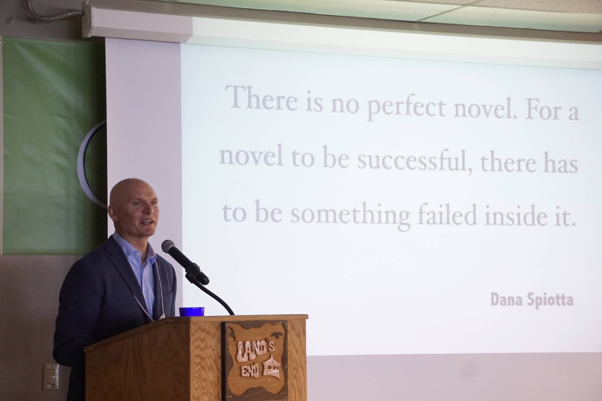 Photo by Michael Armstrong/Homer News                                Kachemak Bay Writers’ Conference keynote speaker Anthony Doerr delivers the opening address at the start of the annual conference June 2018 at Land’s End Resort.