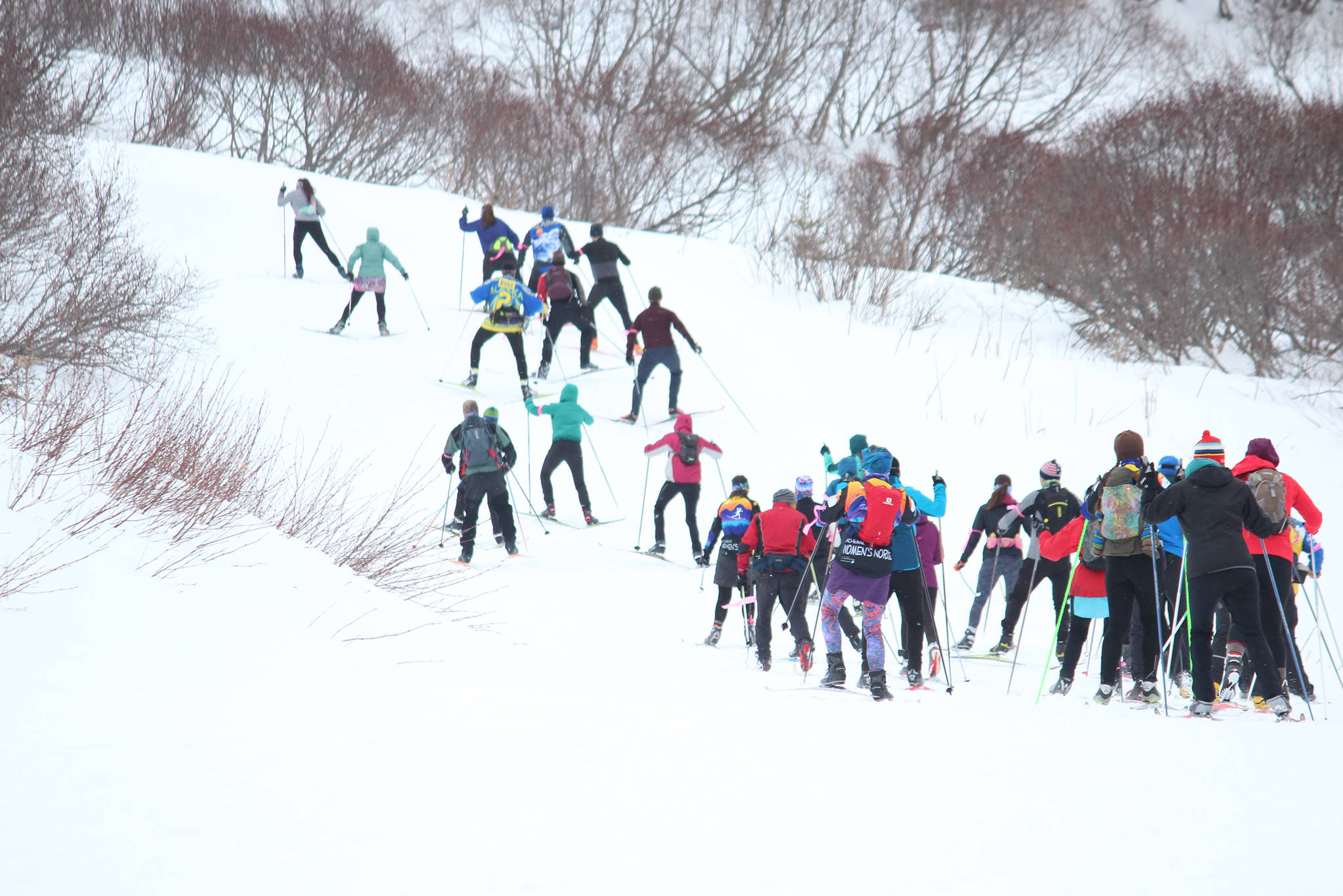 Participants in the 25 kilometer portion of the Kachemak Nordic Ski Marathon take off up the first hill of the course Saturday, March 9, 2019 at the Lookout Mountain Trails near Homer, Alaska. (Photo by Megan Pacer/Homer News)