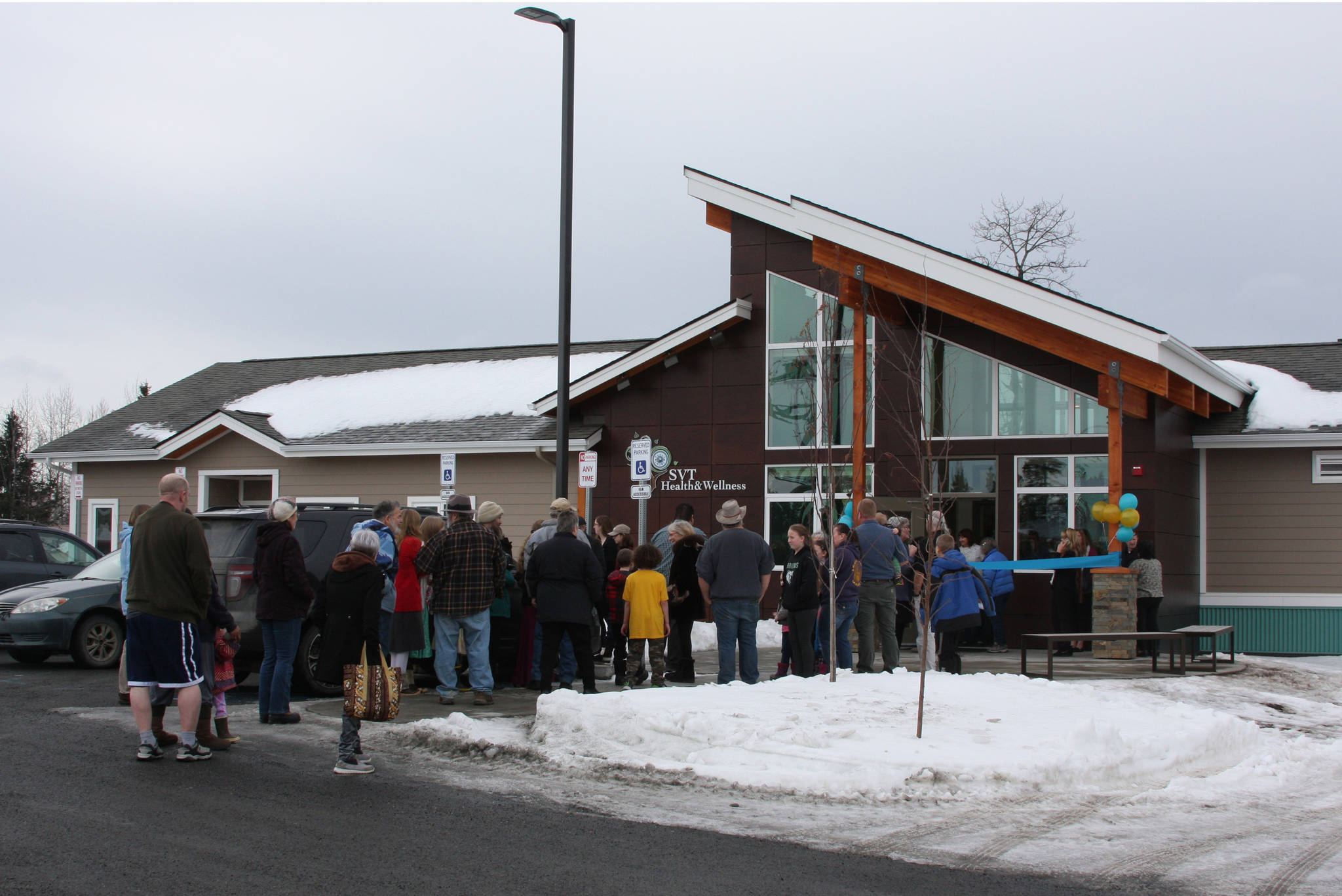 Members of the Anchor Point community and surrounding areas flock to the new SVT Health and Wellness center located on the corner of Sterling Highway and Milo Fritz Avenue for the grand opening ceremony and reception at noon Friday, March 8, 2019, in Anchor Point, Alaska. (Photo by Delcenia Cosman)
