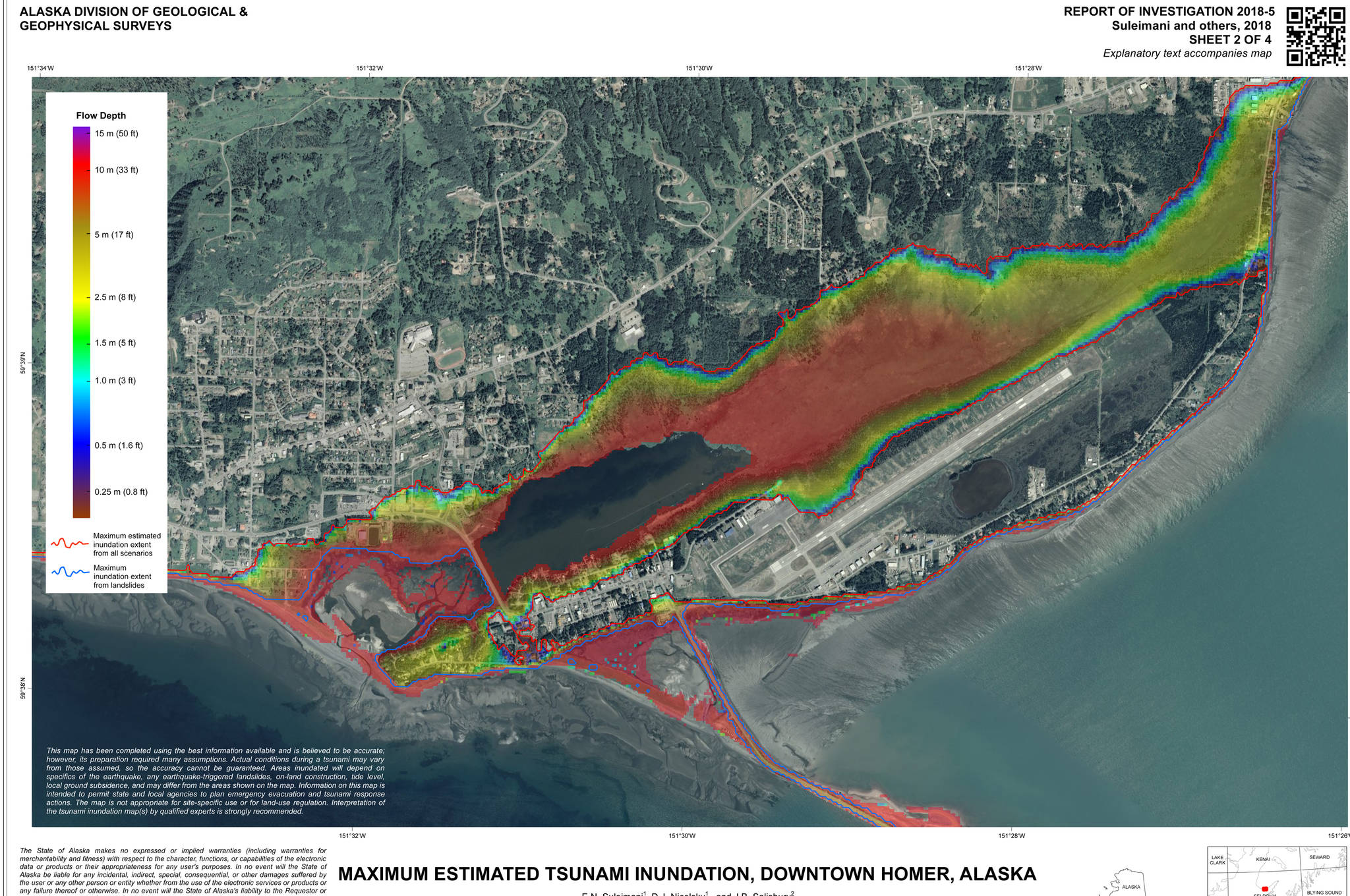 An updated tsunami zone map shows the areas of inundation in the downtown Homer area. The maxiumum inundation zone extends up to 50 feet above sea level. (Map by the Alaska Division of Geological and Geophysical Surveys)
