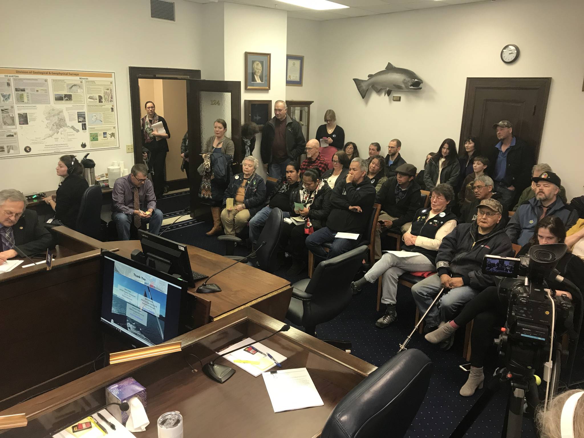 People pack the room to give public testimony on the Alaska Marine Highway System in the House Transportation and Public Facilities committee on March, 12, 2019 in Juneau, Alaska. (Alex McCarthy | Juneau Empire)