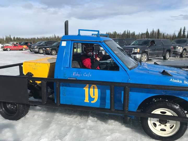 Photo provided by Kenai Peninsula Ice Race Association                                Old Timers Race winner Herff Keith makes his way to the track.