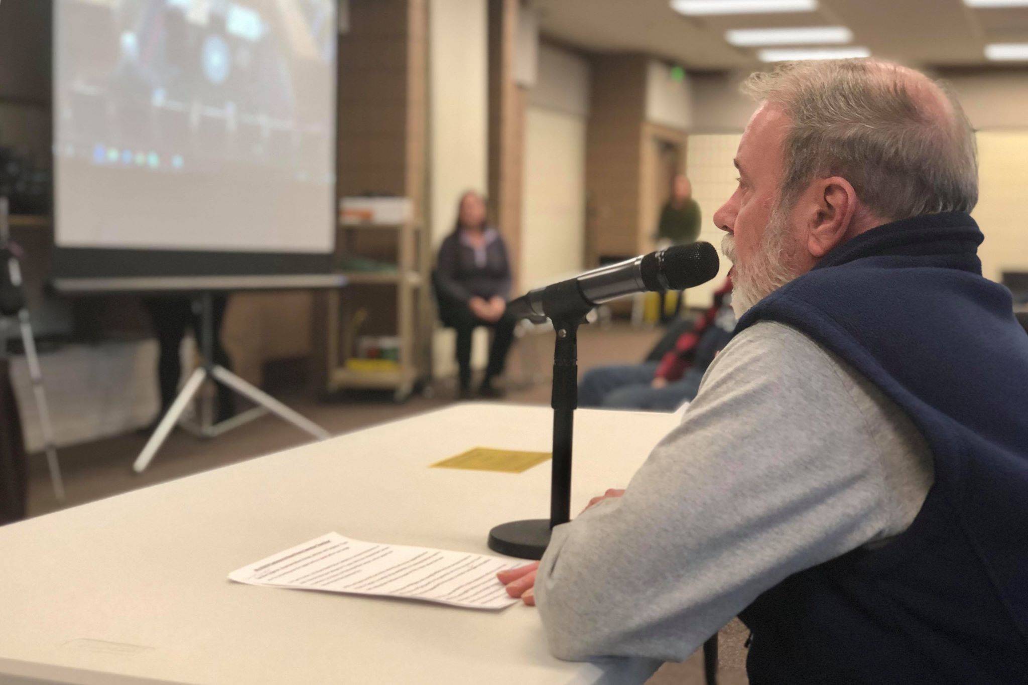 Kenai Peninsula College Director Gary Turner speaks to the House Finance Committee members in against cuts to the University of Alaska on Saturday, March 23, 2019, at the Soldotna Sports Complex in Soldotna, Alaska. (Photo by Victoria Petersen/Peninsula Clarion)