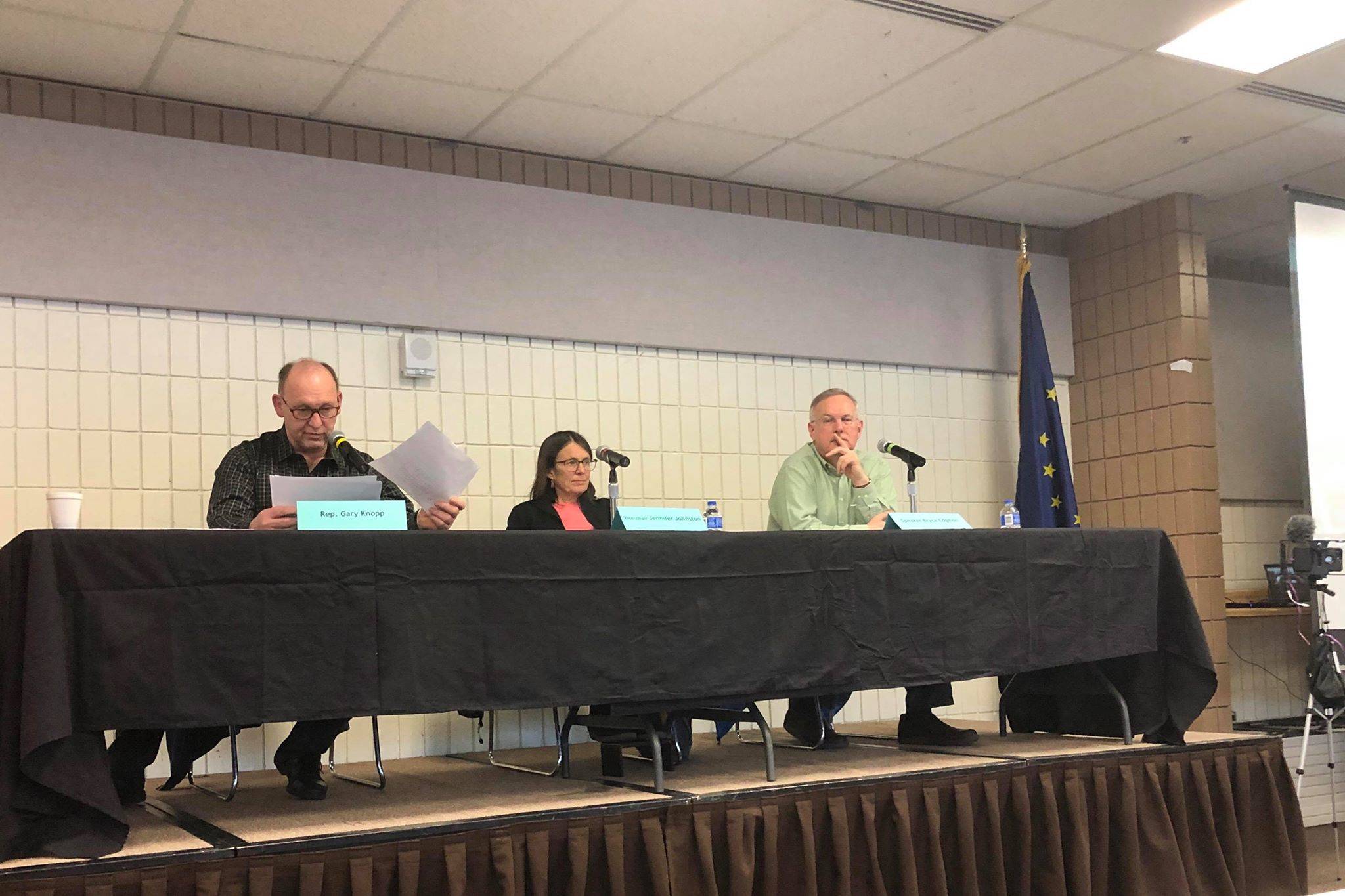 Rep. Gary Knopp (R-Kenai/Soldotna), House Speaker Bryce Edgmon (I-Dillingham) and Vice-Chair of the House Finance Committee Janice Johnston (R-Anchorage) listen to public testimony at a local House Finance Committee meeting at the Soldotna Sports Complex on Saturday, March 23, 2019 in Soldotna, Alaska. (Photo by Victoria Petersen/Peninsula Clarion)