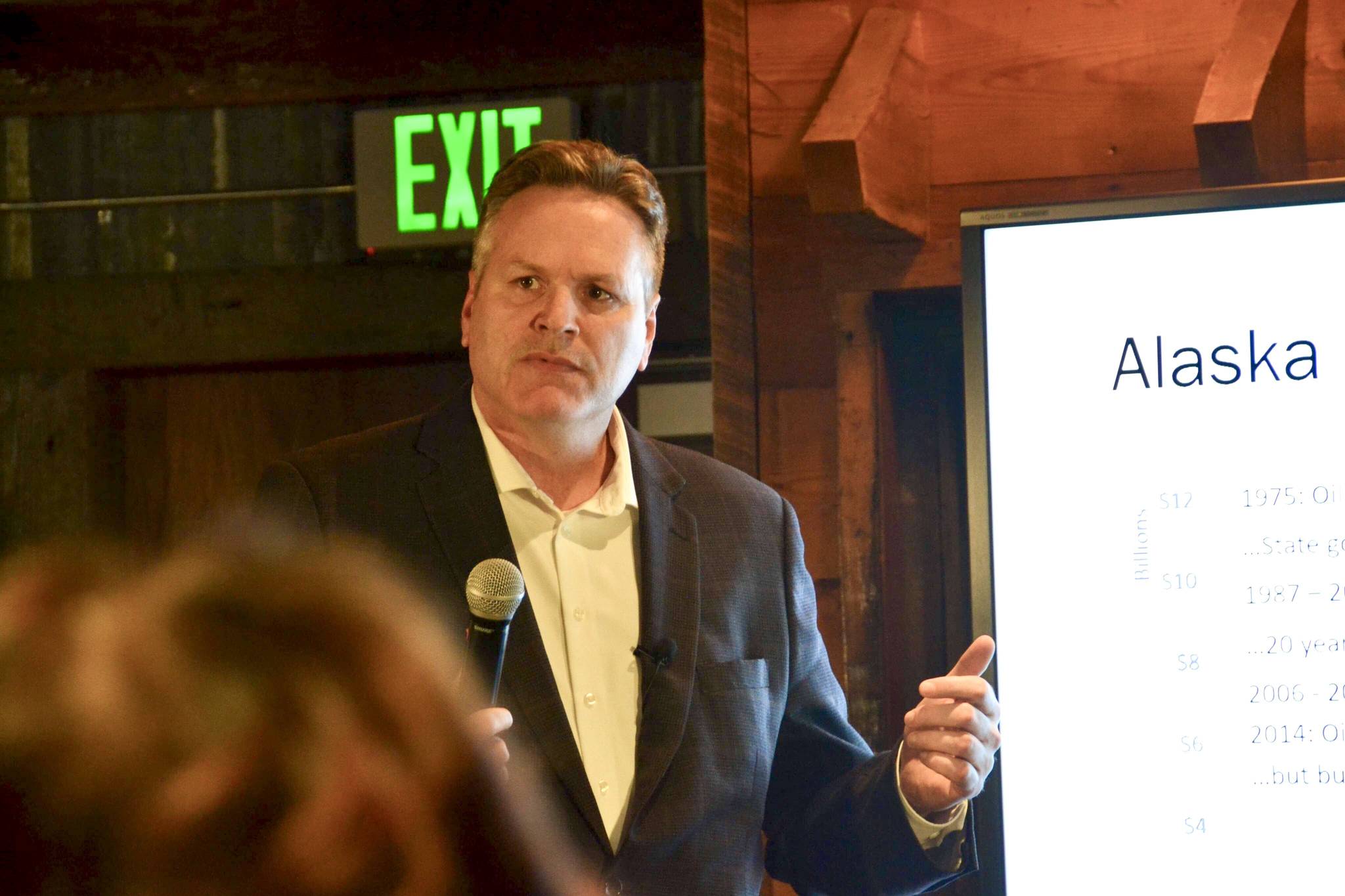 Gov. Mike Dunleavy gives a presentation about his proposed budget at the Cannery Lodge in Kenai, Alaska, on March 25, 2019. (Photo by Victoria Petersen/Peninsula Clarion)