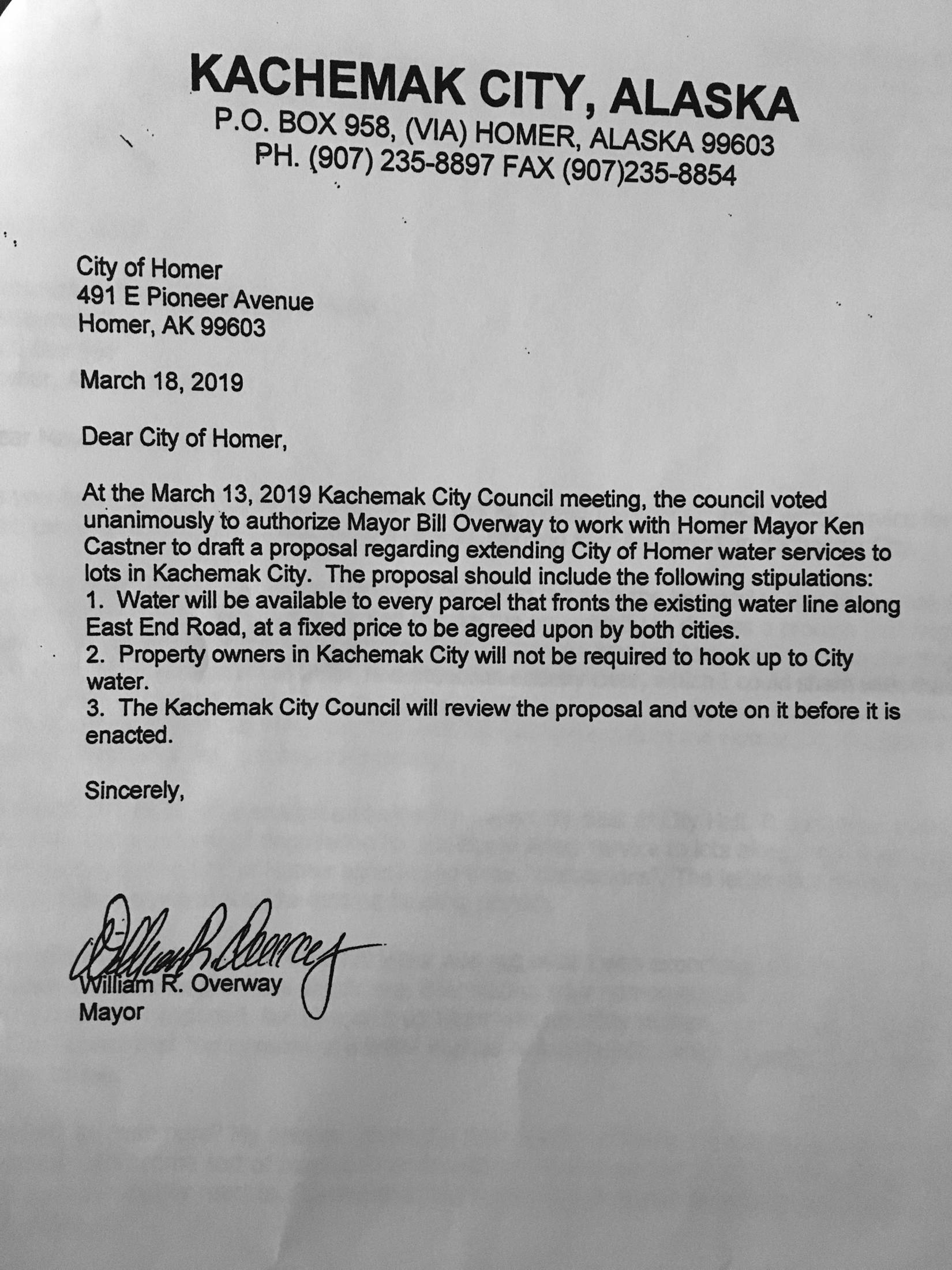 This photo of a letter shows the correspondence sent from the Kachemak City Council and Kachemak Mayor Bill Overway to Homer Mayor Ken Castner on March 19, 2019 in Homer, Alaska. (Photo by Megan Pacer/Homer News)