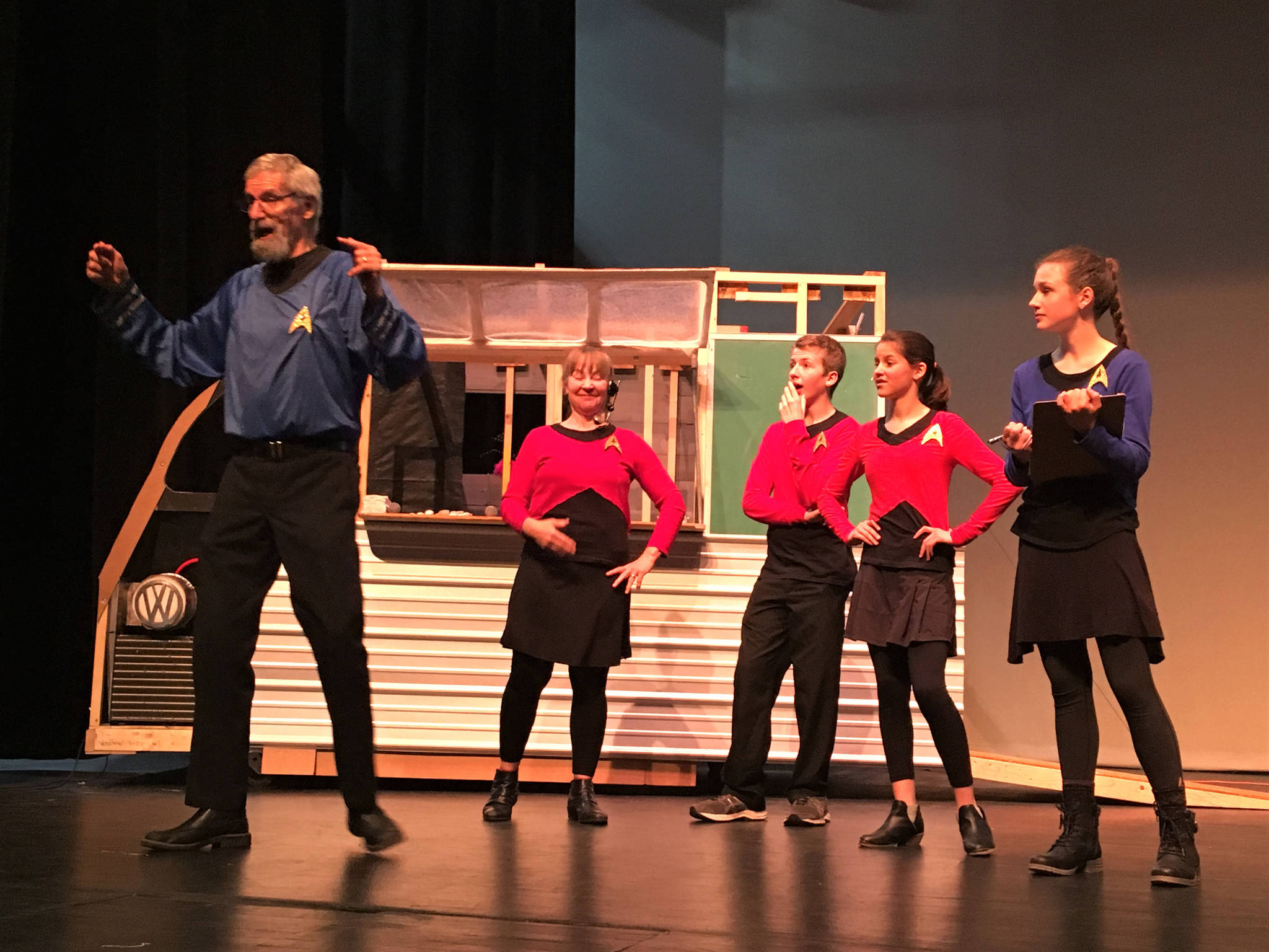 The cast of Star Truck rehearse a scene on Sunday, April 14, 2019, at the Mariner Theatre in Homer, Alaska. (Photo by Sally Oberstein)