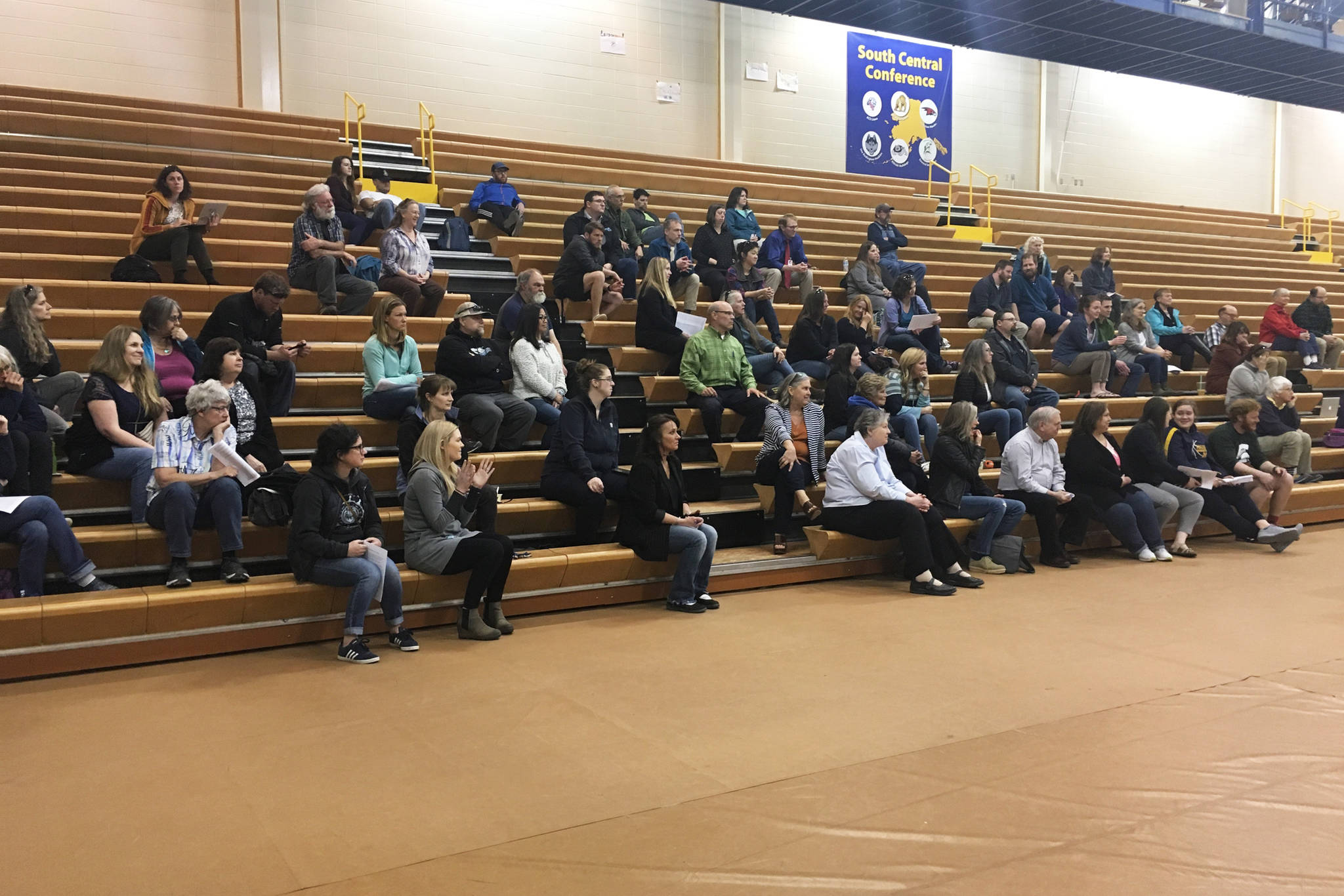 Community members participate in an exploratory meeting Monday, April 15, 2019 to discuss the possibility of the Kenai Peninsula Borough School District consolidating Homer High School and Homer Middle School, held at the high school in Homer, Alaska. (Photo by Megan Pacer/Homer News)