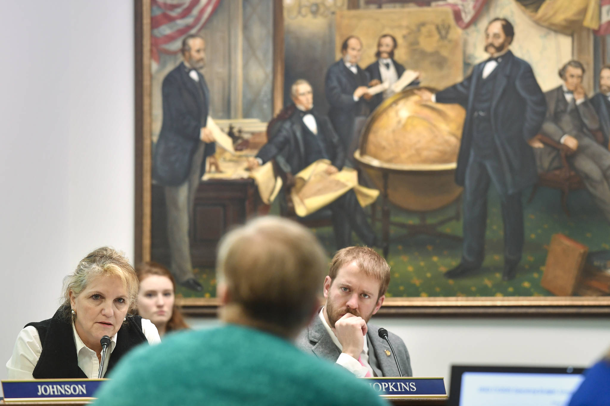 In this March 6, 2019 photo, DeLena Johnson, R-Palmer, left, and Grier Hopkins, D-Fairbanks, listen during a House Education Committee meeting at the Capitol. (Michael Penn | Juneau Empire File)