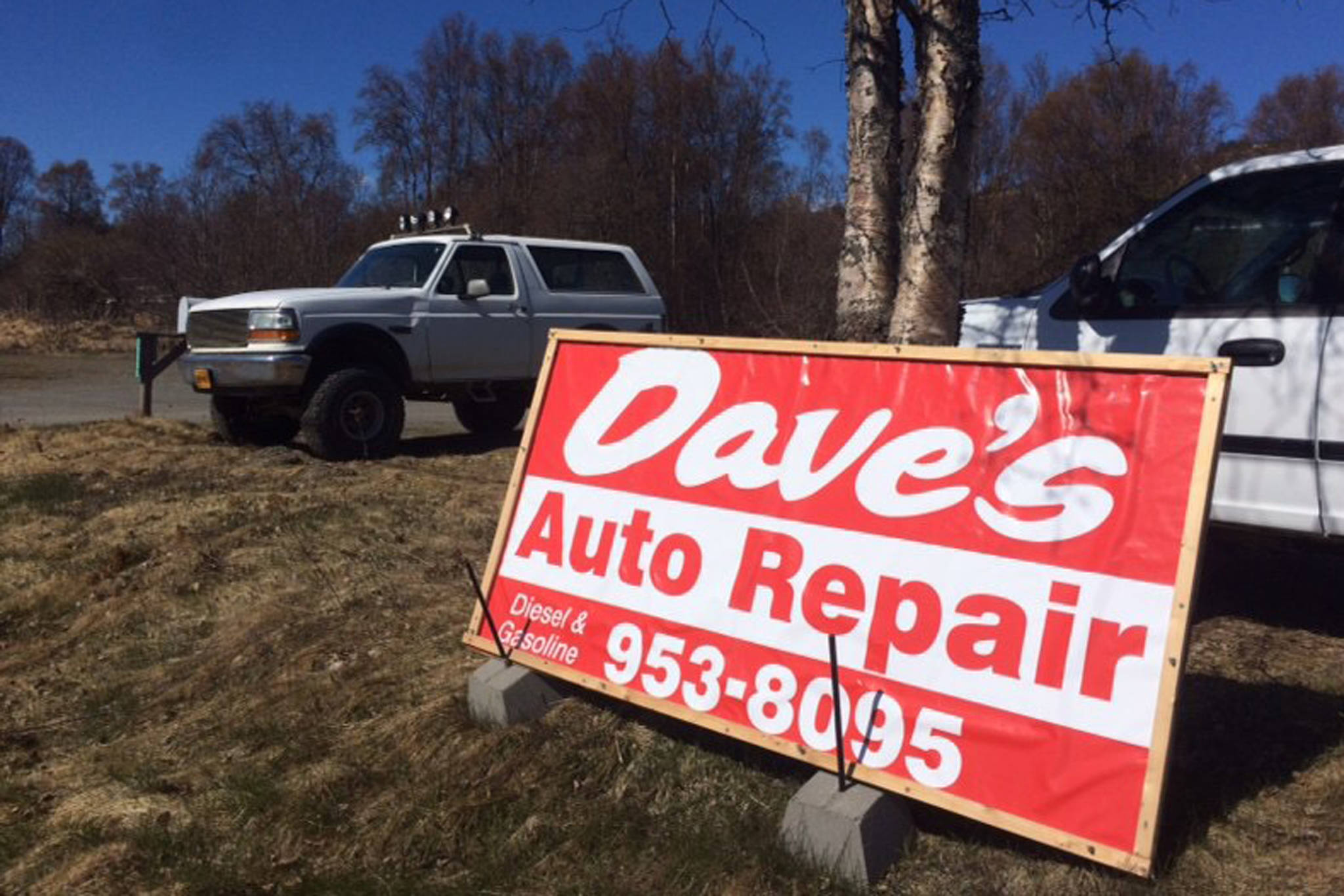 Dave’s Auto Repair, shown here on Friday, April 26, 2019, just outside Homer, Alaska, was targeted with racist vandalism. Owner Dave Johnson discovered the vandalism Friday morning. (Photo courtesy Dave Johnson)