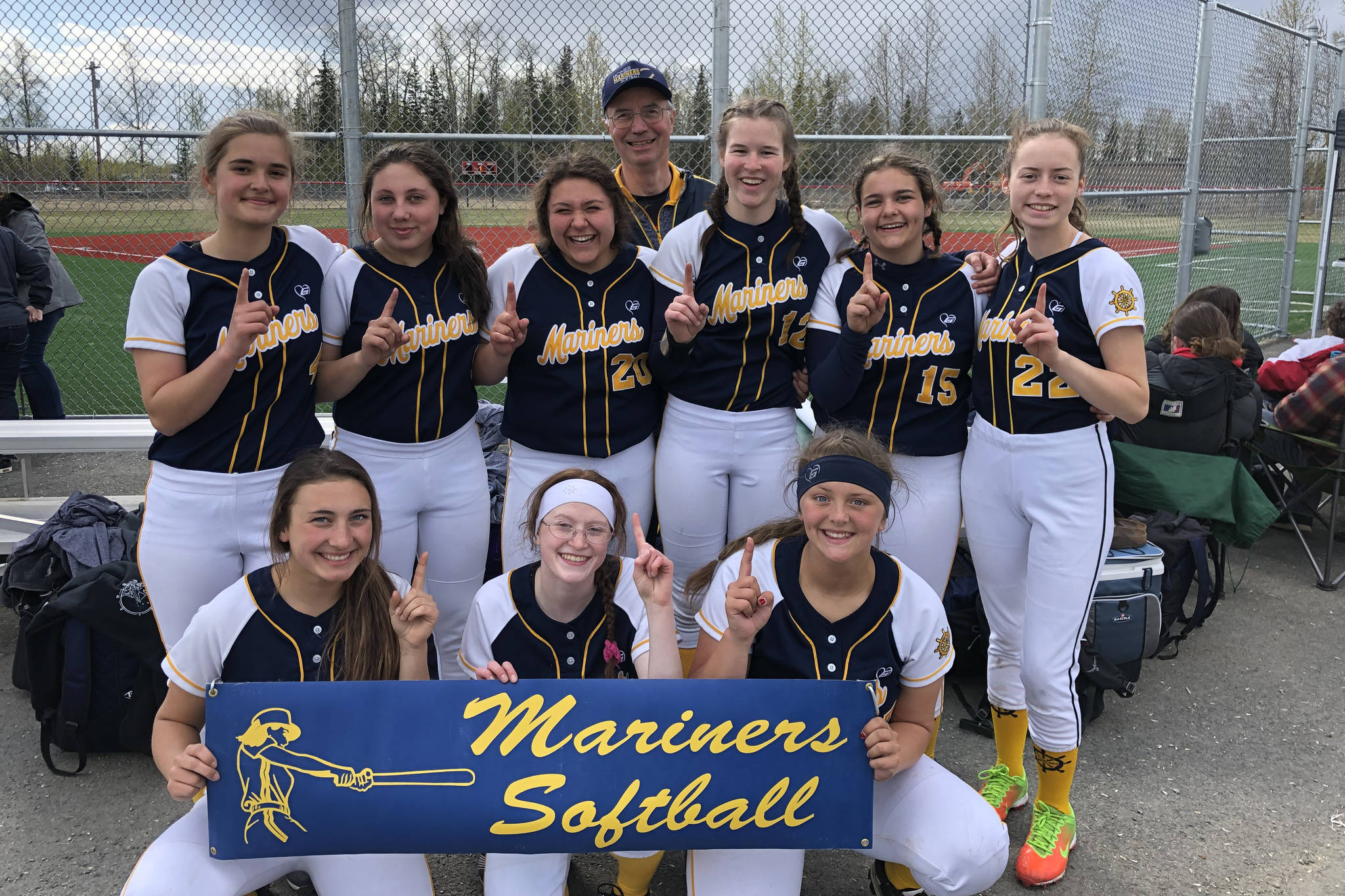 The Homer Mariners softball team poses for a photo with Coach Bill Bell, center, on May 4, 2019, after winning the Rally in the Valley softball tournament last weekend at Redington High School, Wasilla, Alaska. (Photo provided)