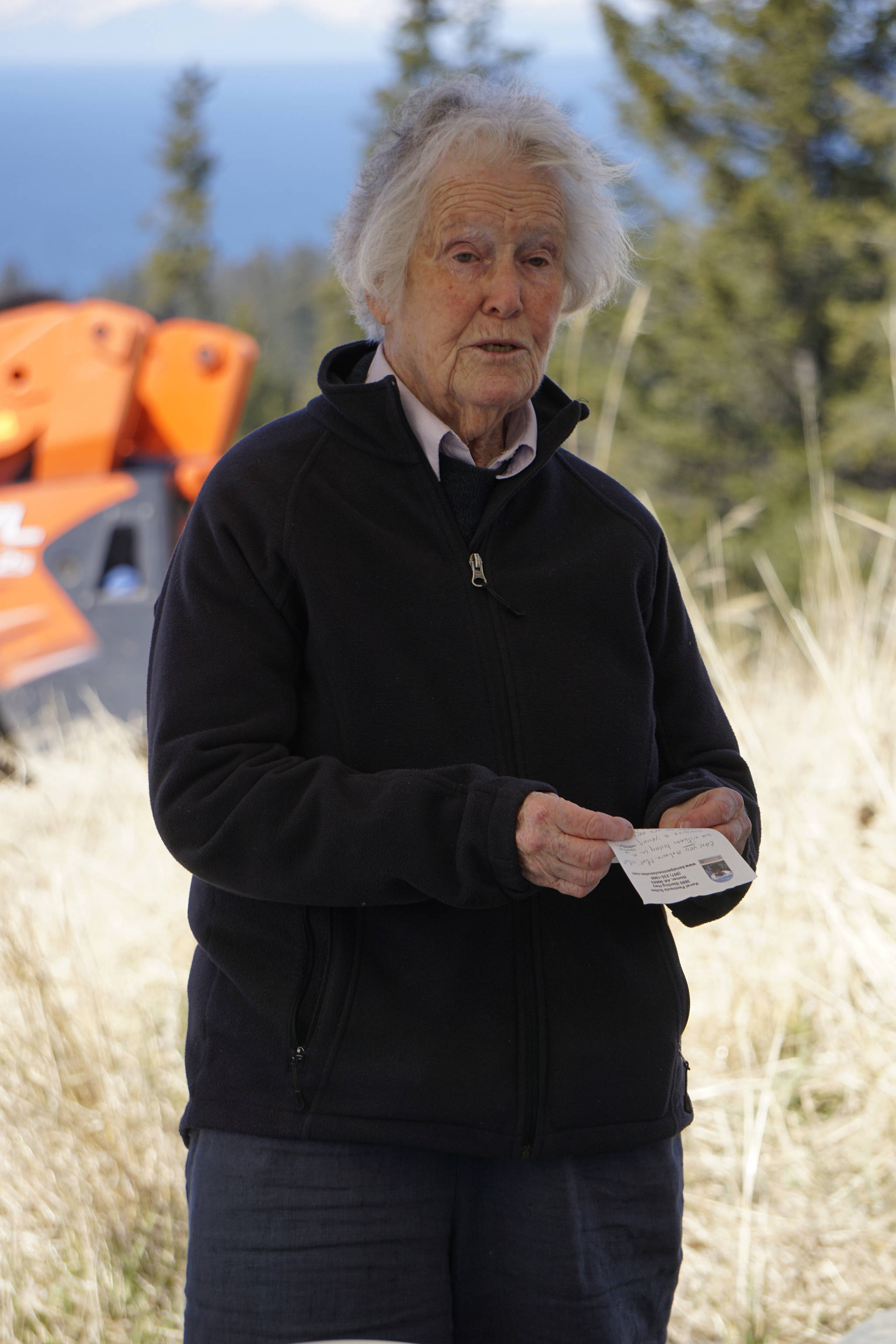 Nancy Skinner Nordhoff speaks at groundbreaking ceremonies for the Storyknife Writers Retreat last Saturday, May 4, 2019, at the retreat property in Homer, Alaska. Nordhoff founded Hedgebrook, Whidbey Island, Washington, the first women’s writer retreat in the United States, that was the model for Storyknife. Storyknife founder Dana Stabenow attended Hedgebrook 30 years ago.Construction started this month on the main house and cabins that will in a year house visiting women writers. (Photo by Michael Armstrong/Homer News)