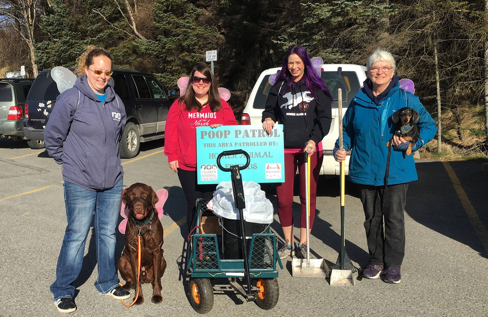 Members of the Homer Animal Friends participate in a Poop Patrol event on April 13, 2019 in Homer, Alaska. (Photo by Janelle Spurkland)