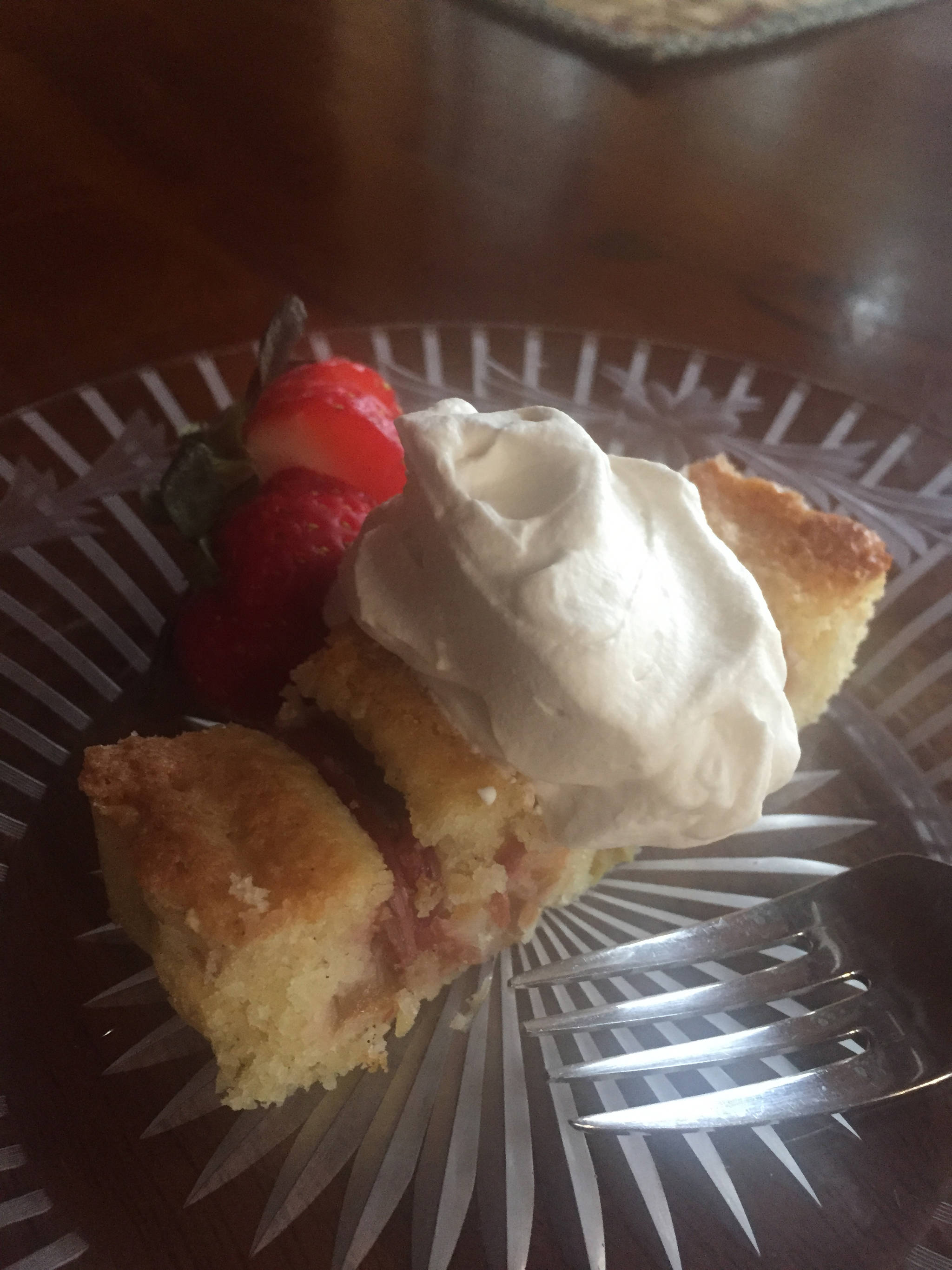 With rhubarb now growing, Teri Robl’s rhubarb almond cake makes good use of the Alaska early-spring staple, as seen here in this photo of the cake taken in her Homer, Alaska, kitchen on May 12, 2019. (Photo by Teri Robl)