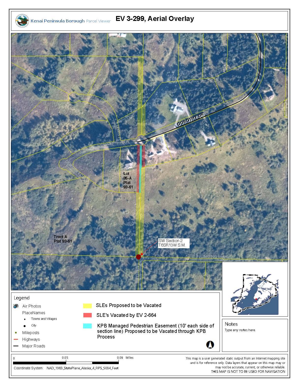 This map and aerial photo prepared by the Alaska Department of Natural Resources shows the Dorothy Drive area and the section line property owners seek to vacate. The large home in the center of the map is owned by country-western singer Zac Brown.