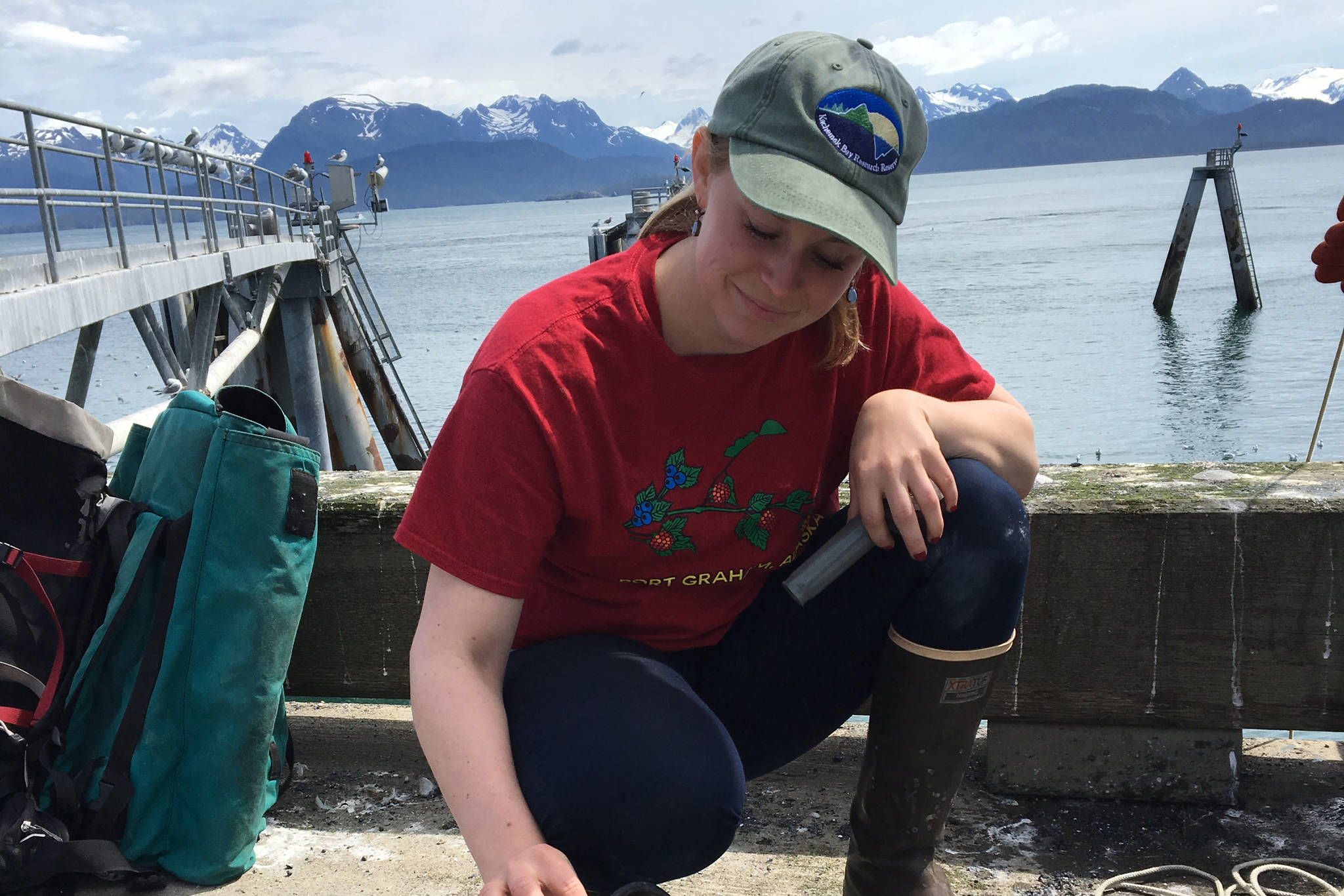 Harmful species coordinator Rosie Masui takes samples at the Homer Harbor in July 2017 in Homer, Alaska. (Photo provided)