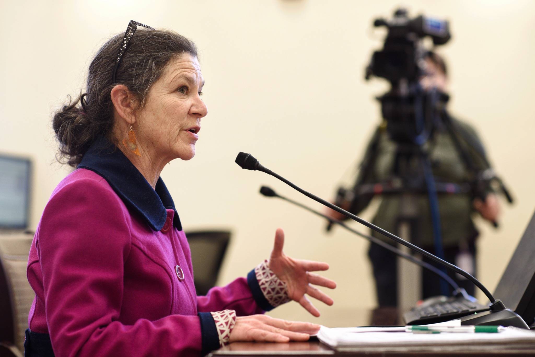 Carmen Lowry, Executive Director at Alaska Network on Domestic Violence and Sexual Assault, speaks to the Senate Judiciary Committee about SB 12, a crime bill, at the Capitol on Monday, March 4, 2019 in Juneau, Alaska. (Michael Penn | Juneau Empire)