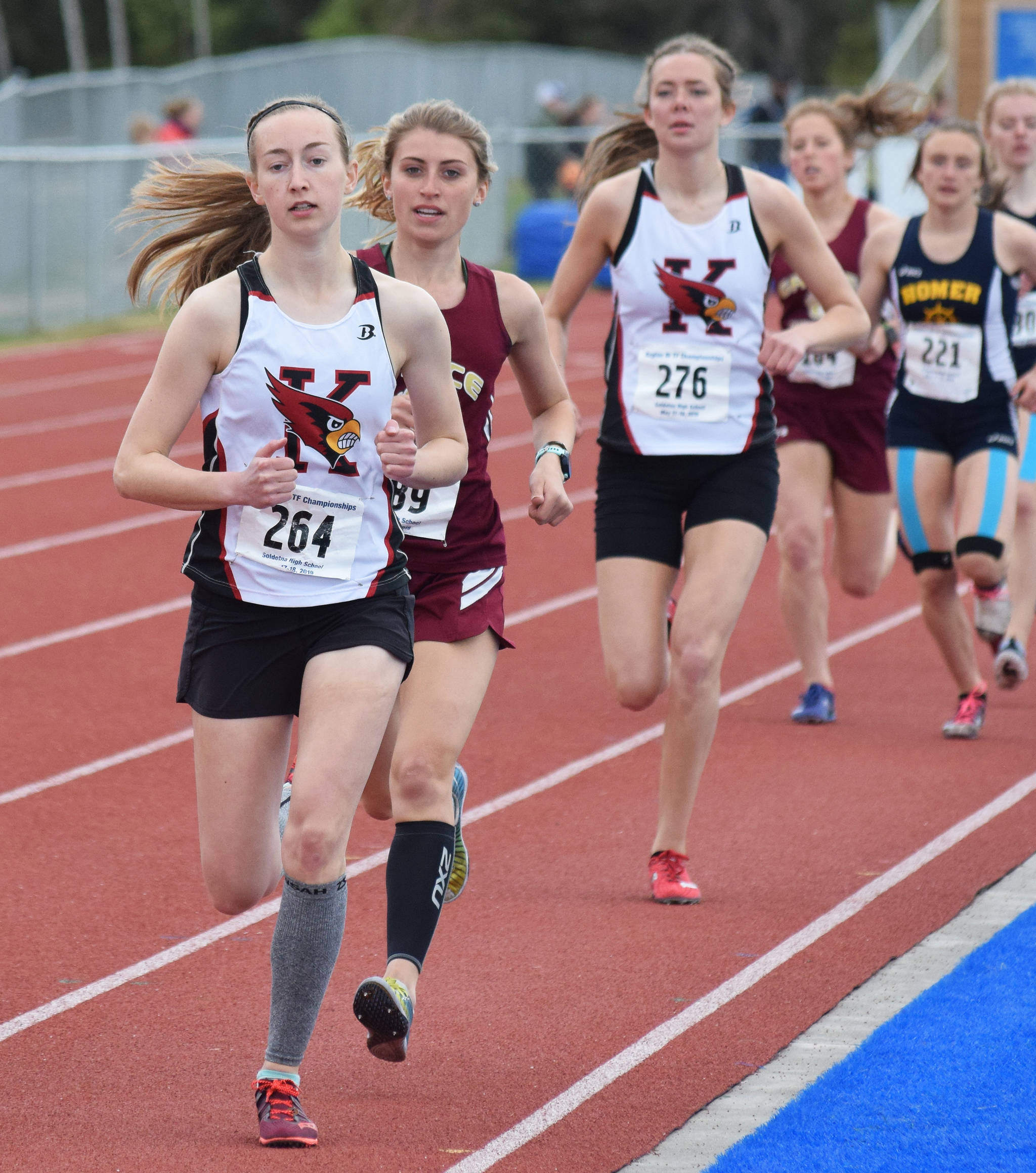 Kenai Central’s Jaycie Calvert leads the field in the Class 3A girls 1,600 meters Saturday at the Region III Track and Field Championships in Soldotna. (Photo by Joey Klecka/Peninsula Clarion)
