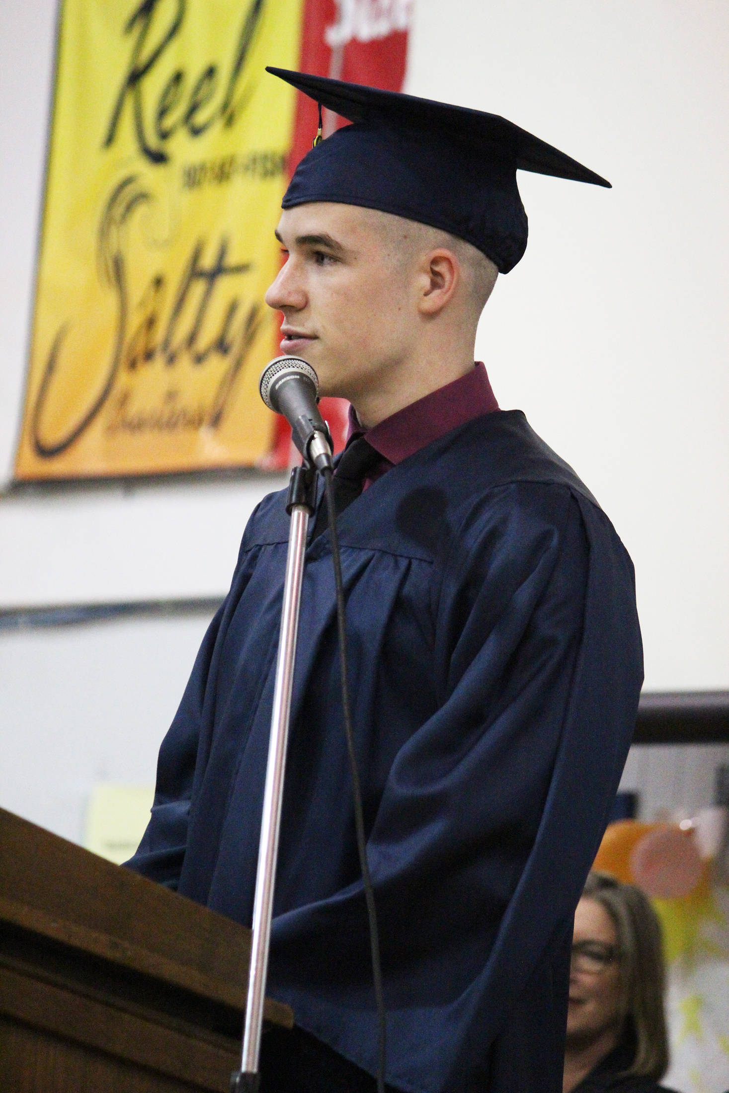 Garrett Koch gives his salutatorian speech during the Ninilchik School graduation ceremony Tuesday, May 21, 2019 at the school in Ninilchik, Alaska. (Photo by Megan Pacer/Homer News)