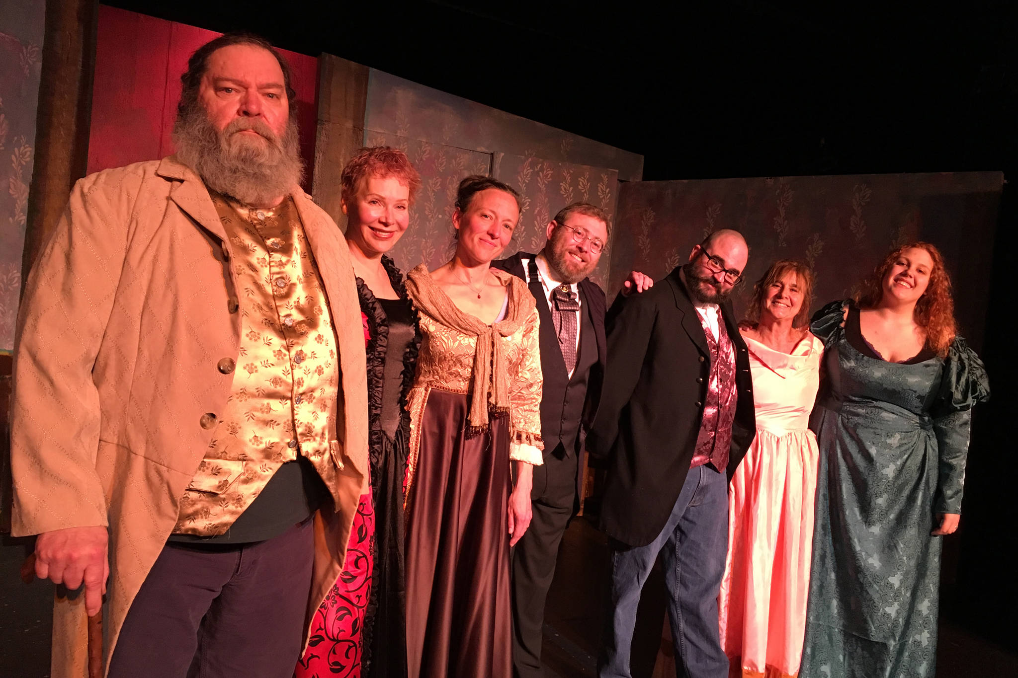The cast of “An Ideal Husband” pose for a photo during a rehearsal on May 19, 2019, at Pier One Theatre in Homer, Alaska. From left to right are Peter Norton, Judith Kramer, Adele Person, Mike Tupper, Aaron Walbrecher, Mary Fries and Ali Rambo. (Photo provided)
