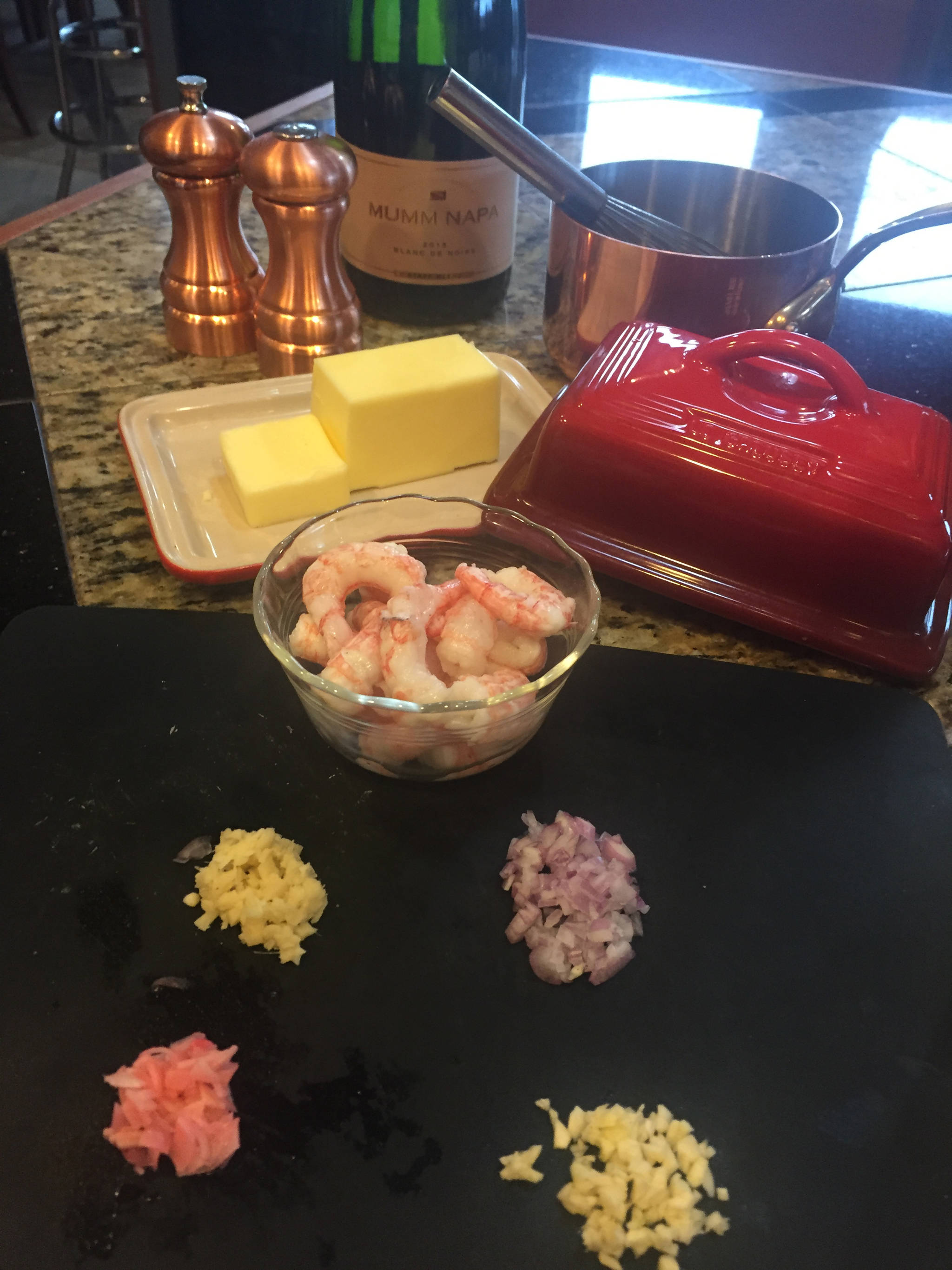 Prince William Sound Spot Shrimp with Champagne Ginger Butter Sauce is the perfect recipe to start off the traditional start of summer, as seen here with the ingredients in Teri Robl’s kitchen on May 28, 2019, in Homer, Alaska. (Photo by Teri Robl)