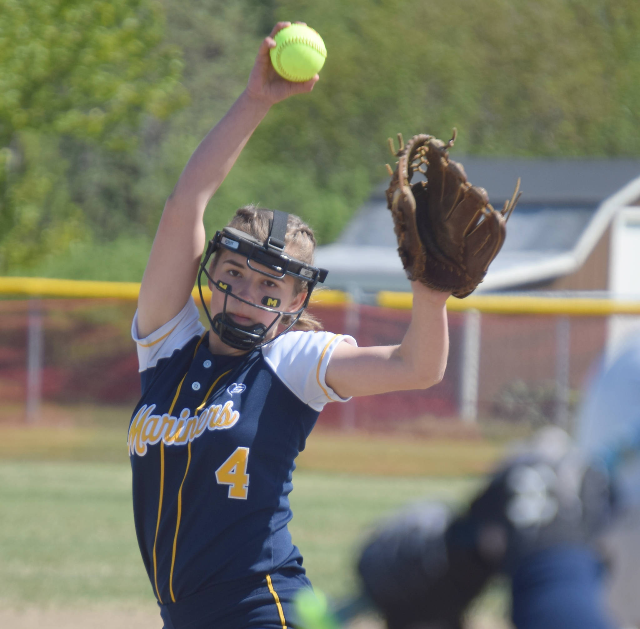 Homer pitcher Annalynn Brown delivers to Soldotna on Friday, May 24, 2019, at the Northern Lights Conference softball tournament at Steve Shearer Memorial Ball Park in Kenai, Alaska. (Photo by Jeff Helminiak/Peninsula Clarion)