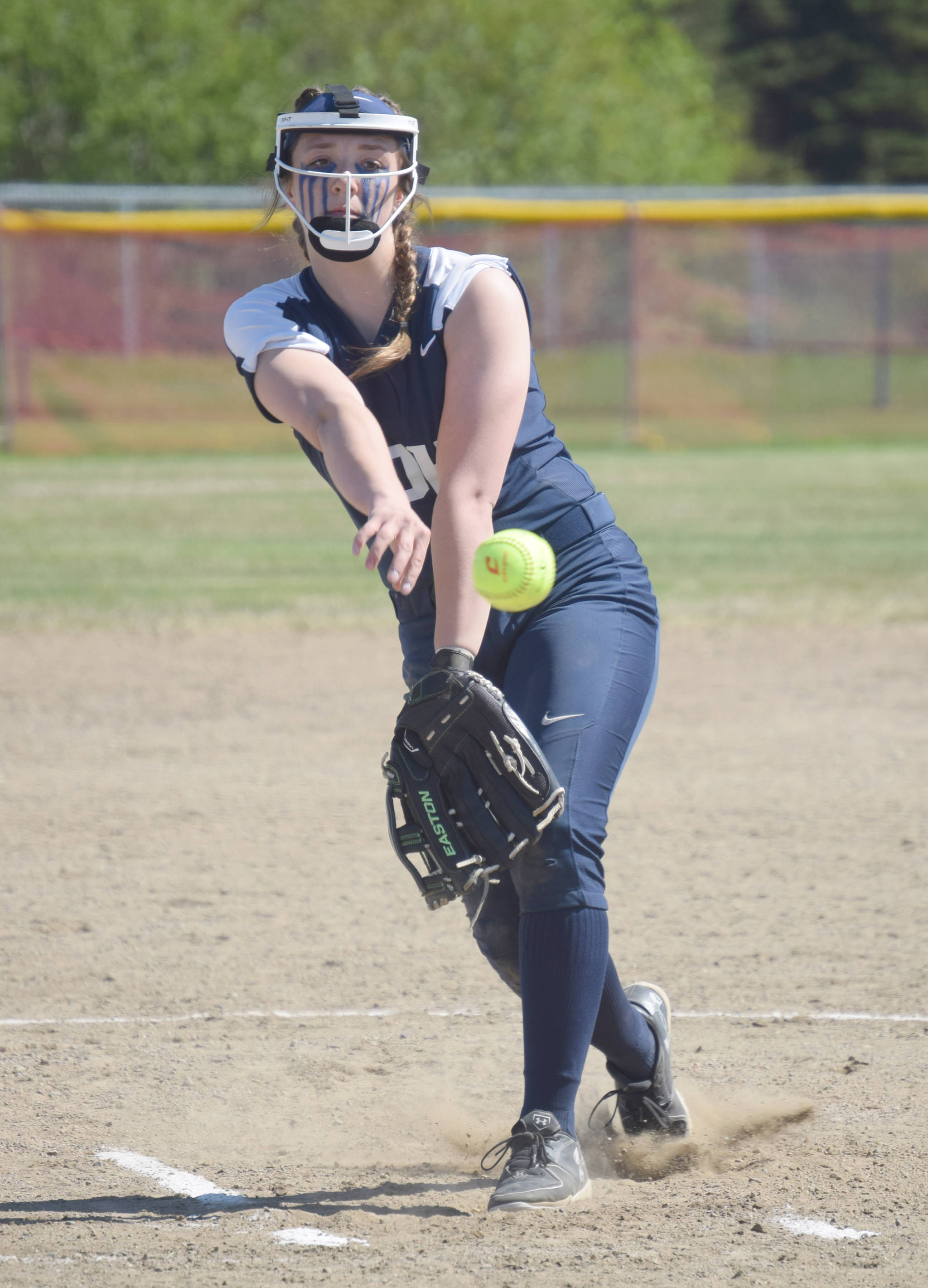 Soldotna pitcher Casey Earll delivers to Homer on Friday, May 24, 2019, at the Northern Lights Conference softball tournament at Steve Shearer Memorial Ball Park in Kenai, Alaska. (Photo by Jeff Helminiak/Peninsula Clarion)