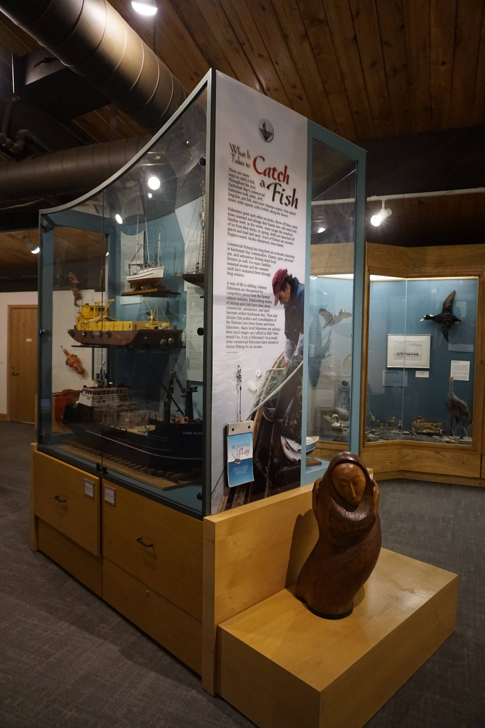 Some exhibits, such as a display that includes Don Ronda’s boat models, have been moved from the main gallery to the Marine Gallery as part of the Pratt Museum’s remodel, as seen here on May 28,2019, in Homer, Alaska. (Photo by Michael Armstrong/Homer News)