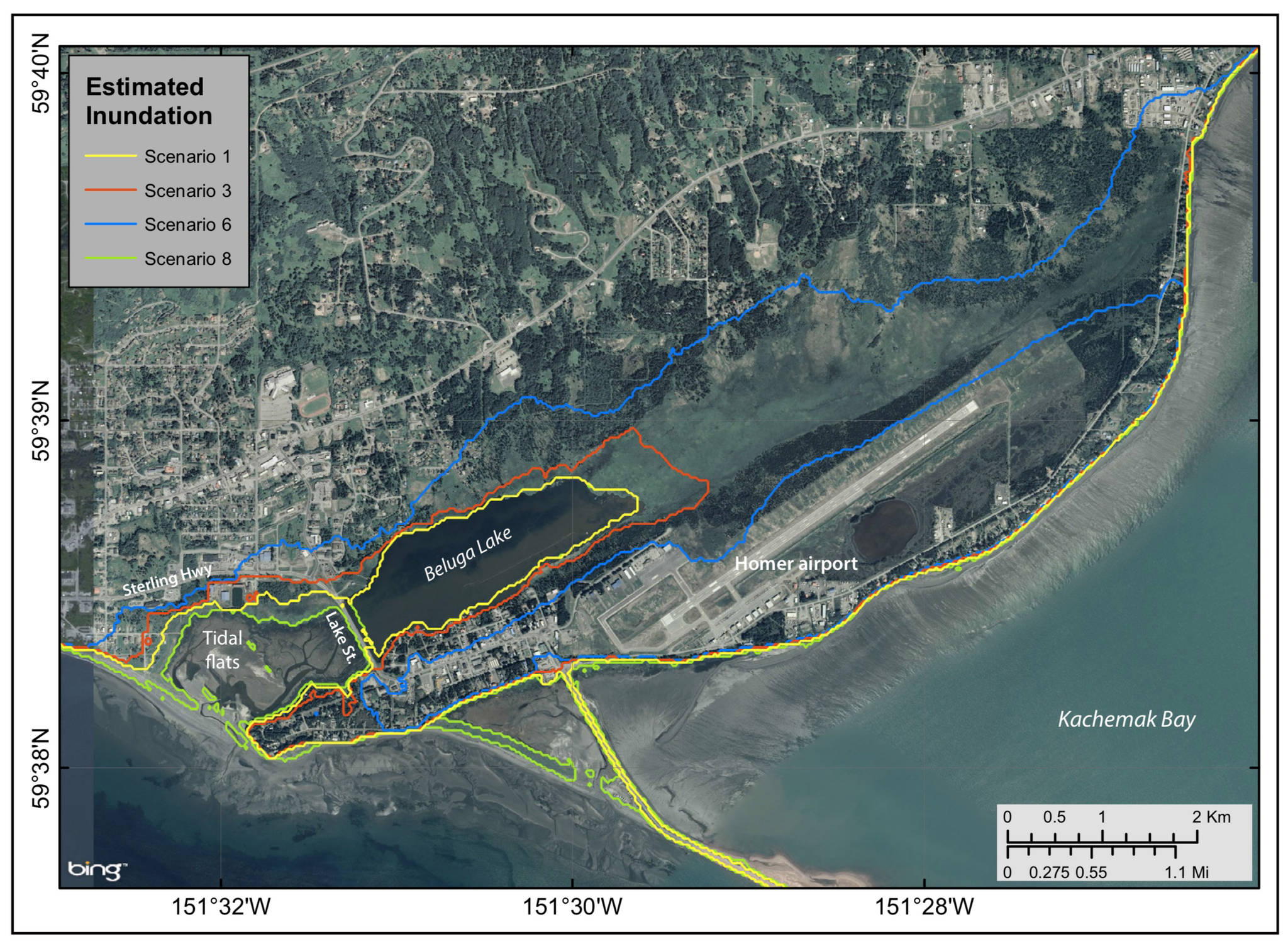 Map courtesy Alaska Division of Geological and Geophysical Surveys                                This map shows modeled potential inundation for the town of Homer by tectonic tsunami waves for selected scenarios.