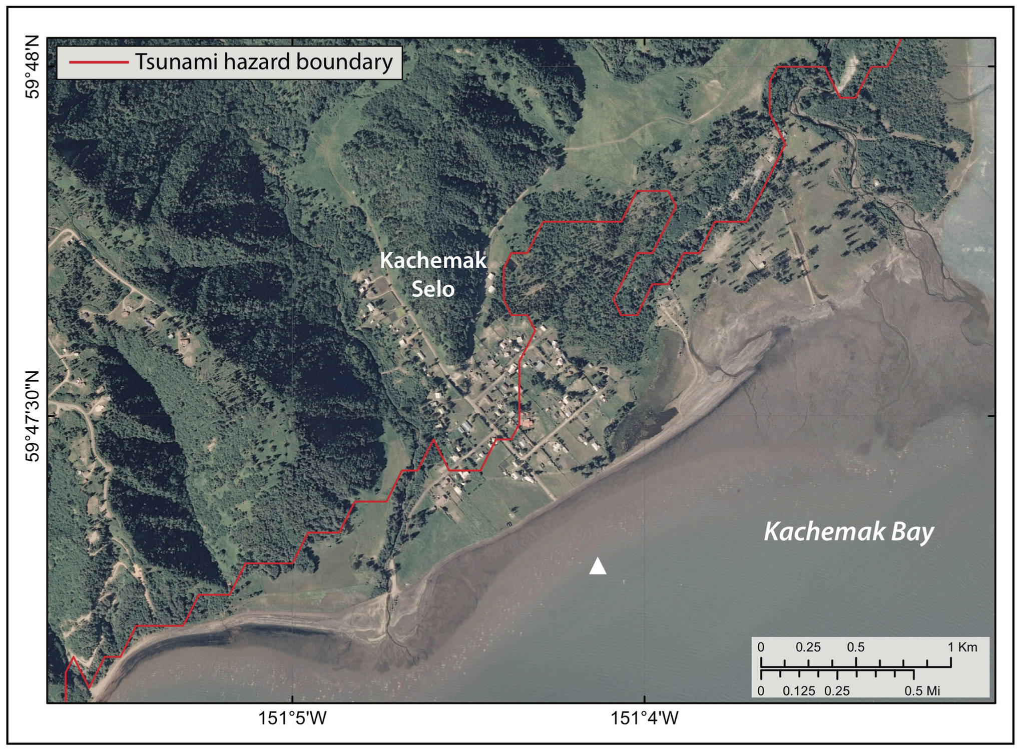 The red line shows the tsunami hazard boundary for Kachemak Selo. (Illustration by Alaska Division of Geological and Geophysical Surveys)