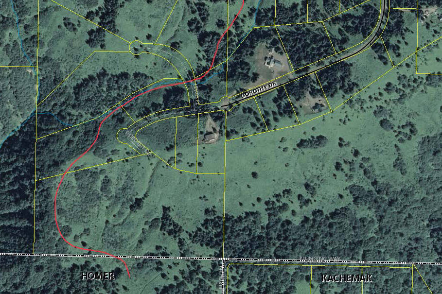A map and aerial photo of the Dorothy Drive area near Homer, Alaska shows an existing section line in the center and an alternate route in red proposed by trail advocates. (Image courtesy Roberta Highland)