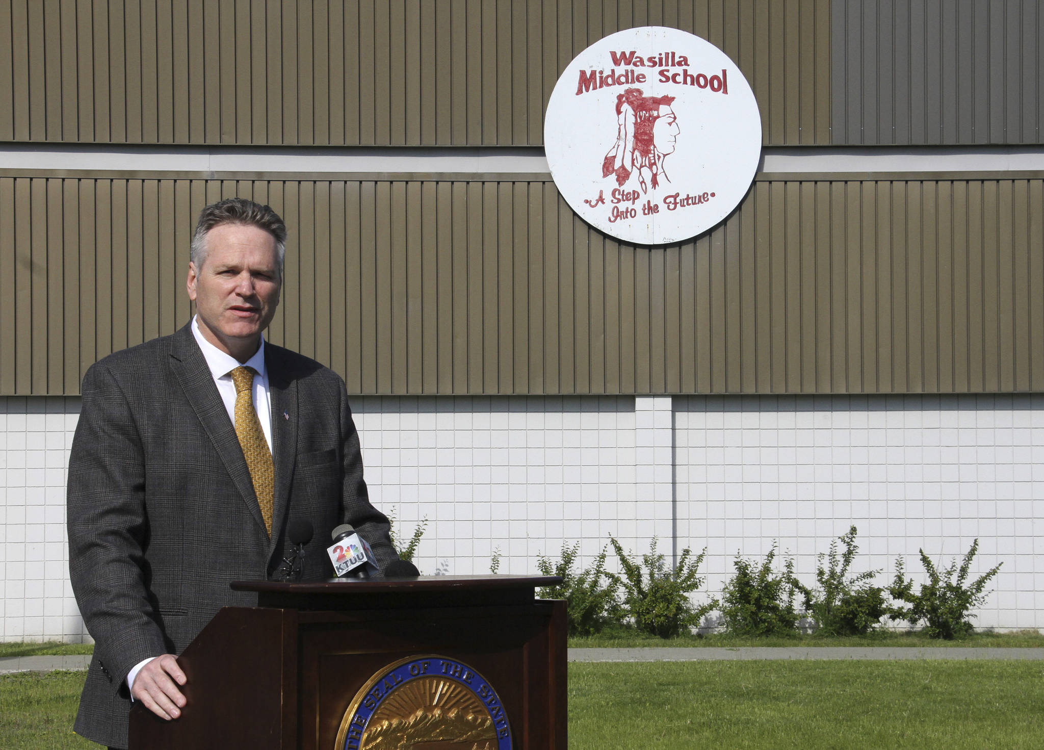 Alaska Gov. Mike Dunleavy speaks at a news conference Friday, June 14, 2019, in Wasilla, Alaska. Dunleavy has called lawmakers into special session July 8 in Wasilla, and his administration gave a tour of the recommended site at Wasilla Middle School to reporters. (AP Photo/Mark Thiessen)