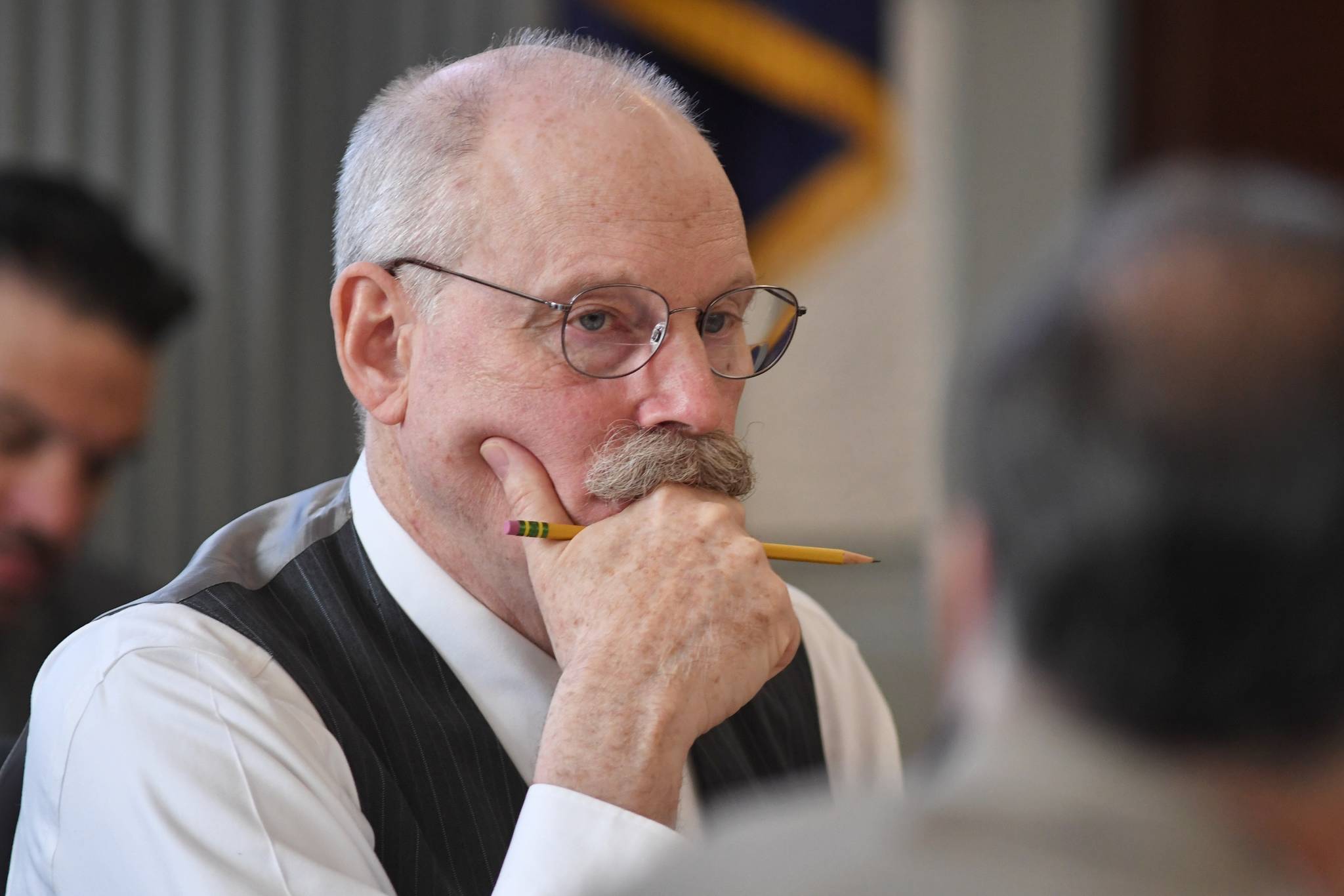 Sen. Bert Stedman, R-Sitka, listens to Finance Division Director David Teal answers questions from the Senate Finance Committee on the state’s budget at the Capitol on Thursday, April 25, 2019 in Juneau, Alaska. (Michael Penn | Juneau Empire File)