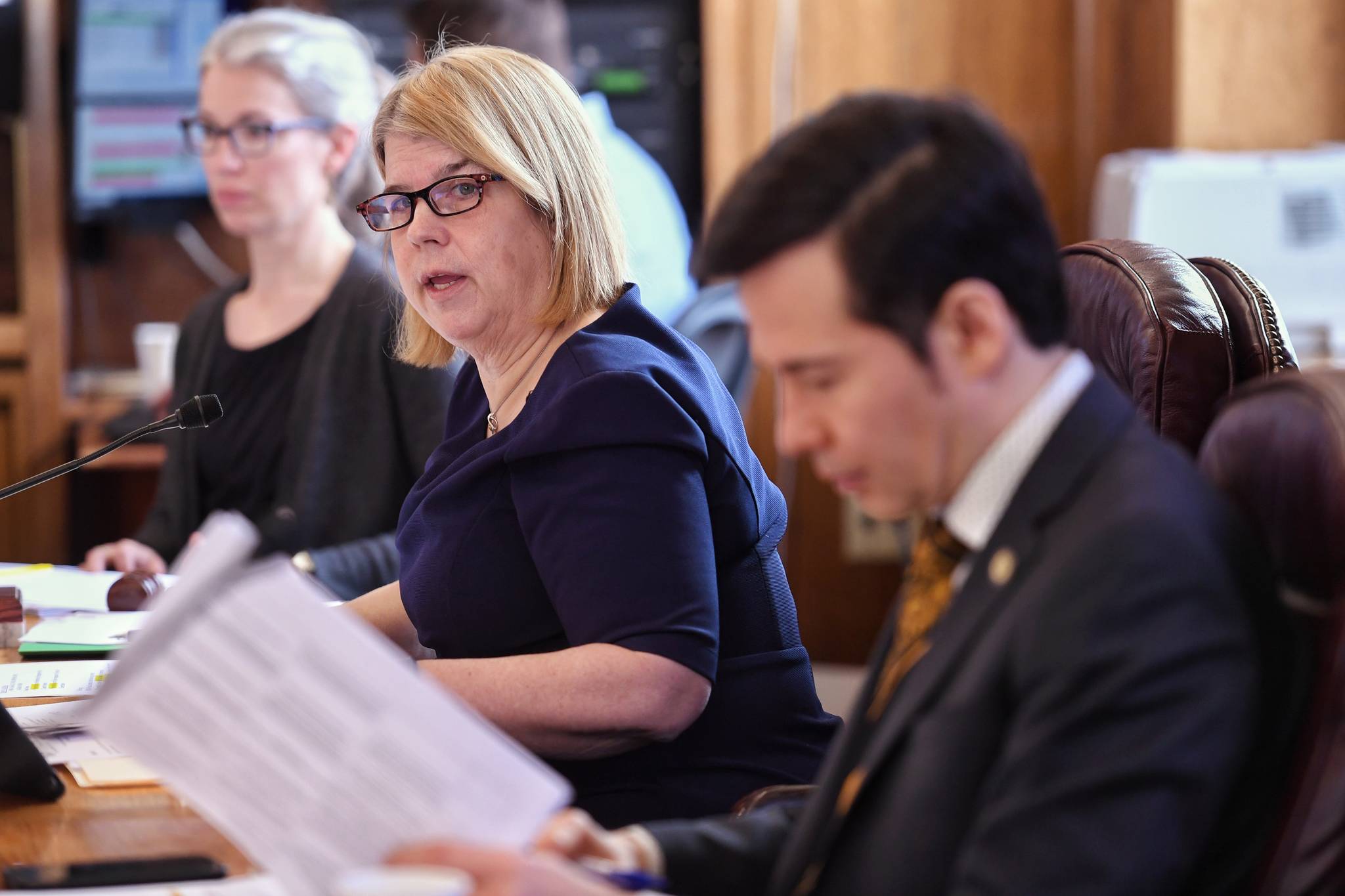 Rep. Tammie Wilson, R-North Pole, chairs the House Finance Committee with Rep. Neal Foster, D-Nome, right, as they work on House Bill 14 at the Capitol on Wednesday, April 24, 2019 in Juneau, Alaska. (Michael Penn | Juneau Empire File)