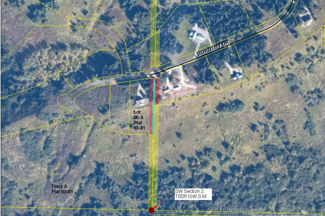 This map and aerial photo prepared by the Alaska Department of Natural Resources shows the Dorothy Drive area and the section line property owners seek to vacate. The large home in the center of the map is owned by country-western singer Zac Brown. (Image courtesy Alaska DNR)