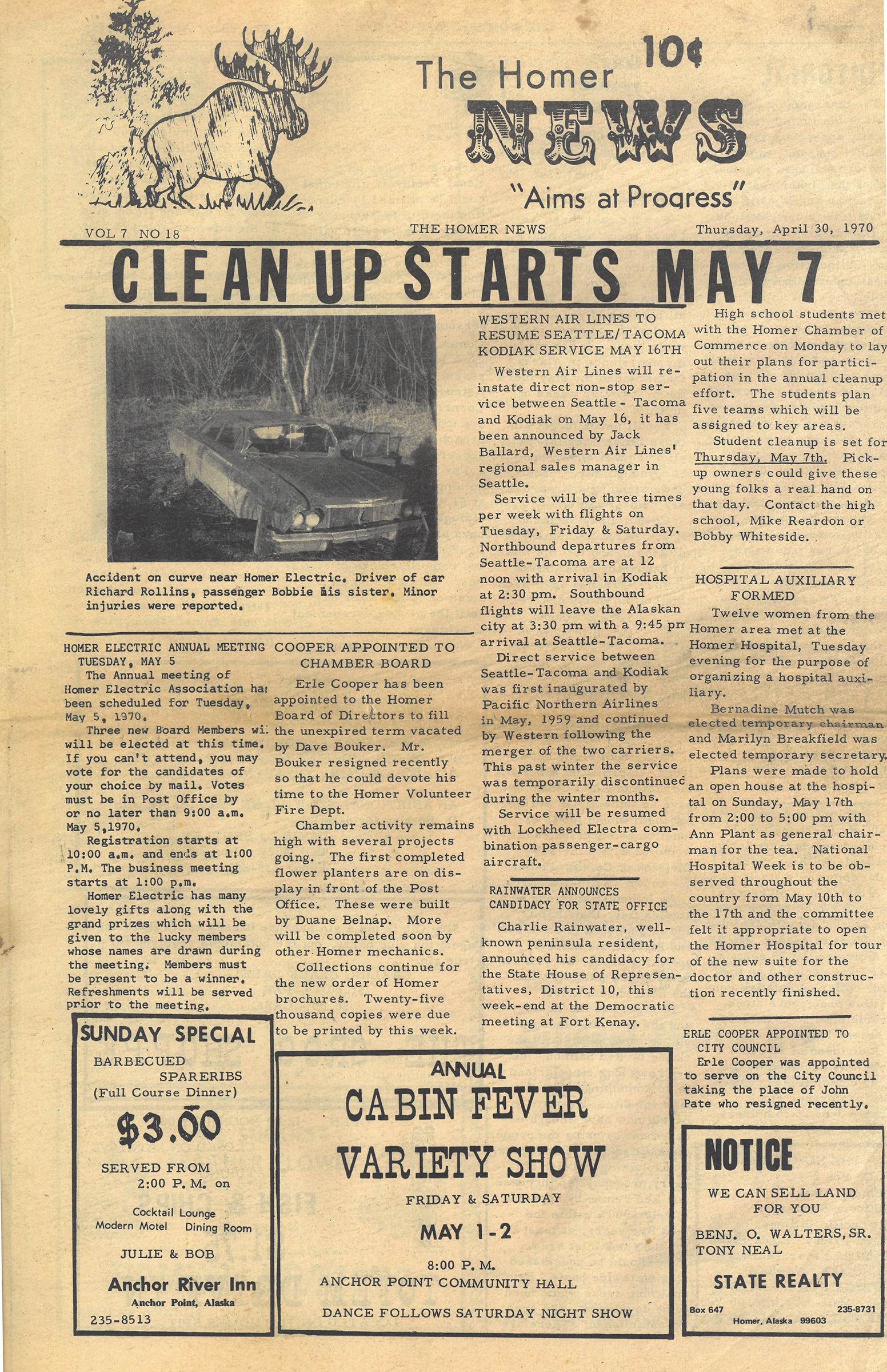 The front page of the April 30, 1970, Homer News, shortly after the paper went to being printed on newsprint in the tabloid, or 11.5-by-17-inches, format.