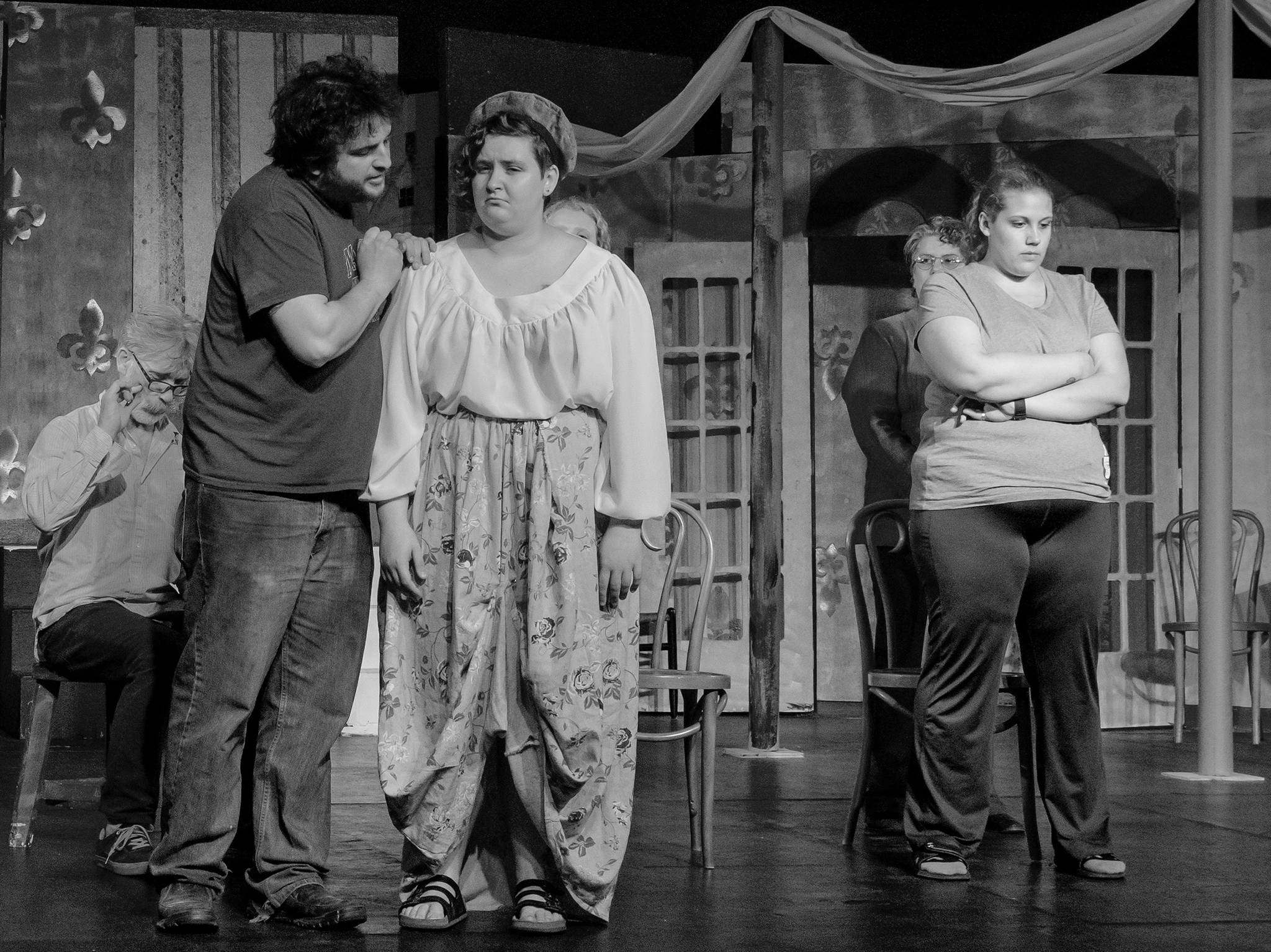 Actors rehearse a scene from William Shakespeare’s “Much Ado About Nothing” on June 24, 2019, at the Pier One Theatre in Homer, Alaska. From left to right are 4. Peter Sheppard as Dogberry, Lydia Thomas as Borachio, and Alison Rambo as Conrad. (Photo by Sue Briggs)