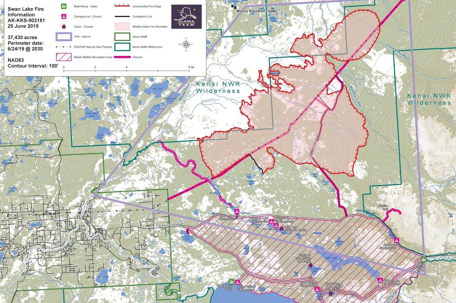 A map of the Swan Lake Fire as of Tuesday, June 25, 2019. (Photo courtesy of Kenai Peninsula Borough Office of Emergency Management)