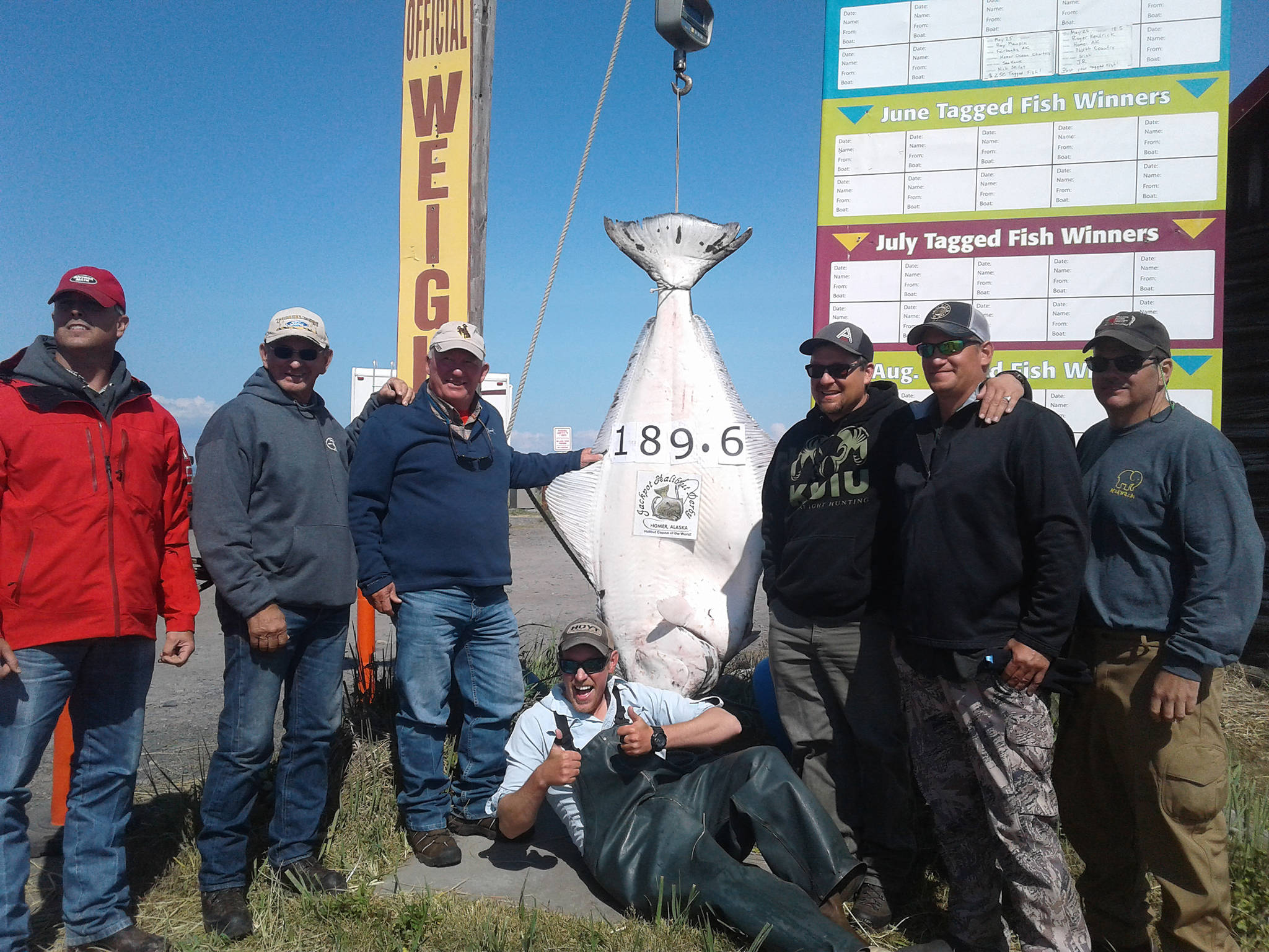Butch Knutson of Gillette, Wyoming (third from the left) celebrates taking the lead in the Jackpot Halibut Derby on June 26, 2019, in Homer, Alaska. (Photo provided by Homer Chamber of Commerce)