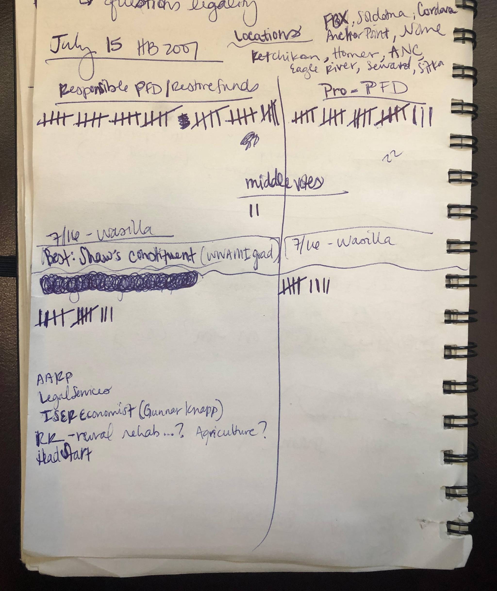 Juneau resident Alyson Currey has been keeping track of testimonies in her notebook, Tuesday, July 16, 2019. (Peter Segall | Juneau Empire)