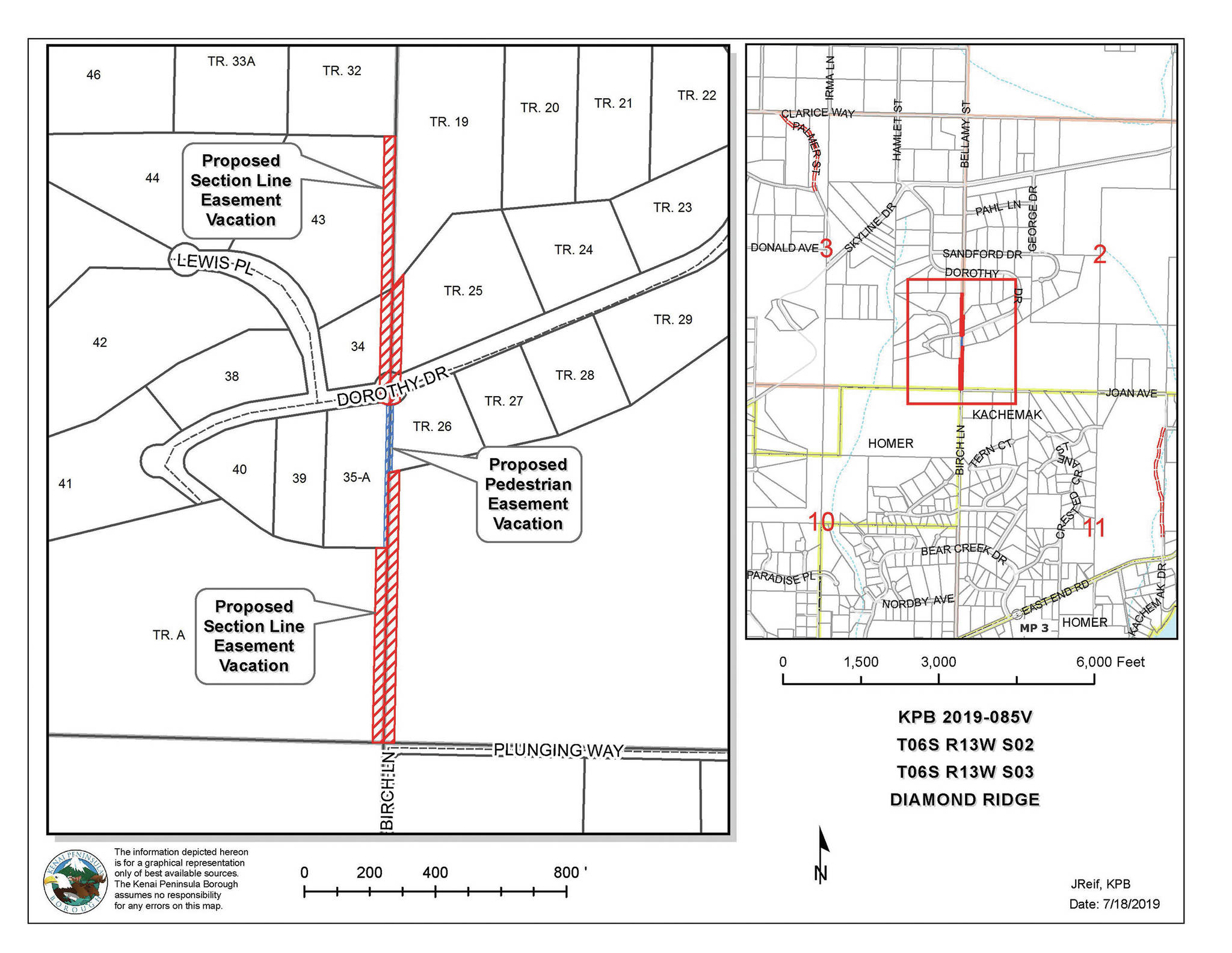 This map shows proposed section-line and pedestrian easement Dorothy Drive property owners seek to have vacated. (Map by Kenai Peninsula Borough)