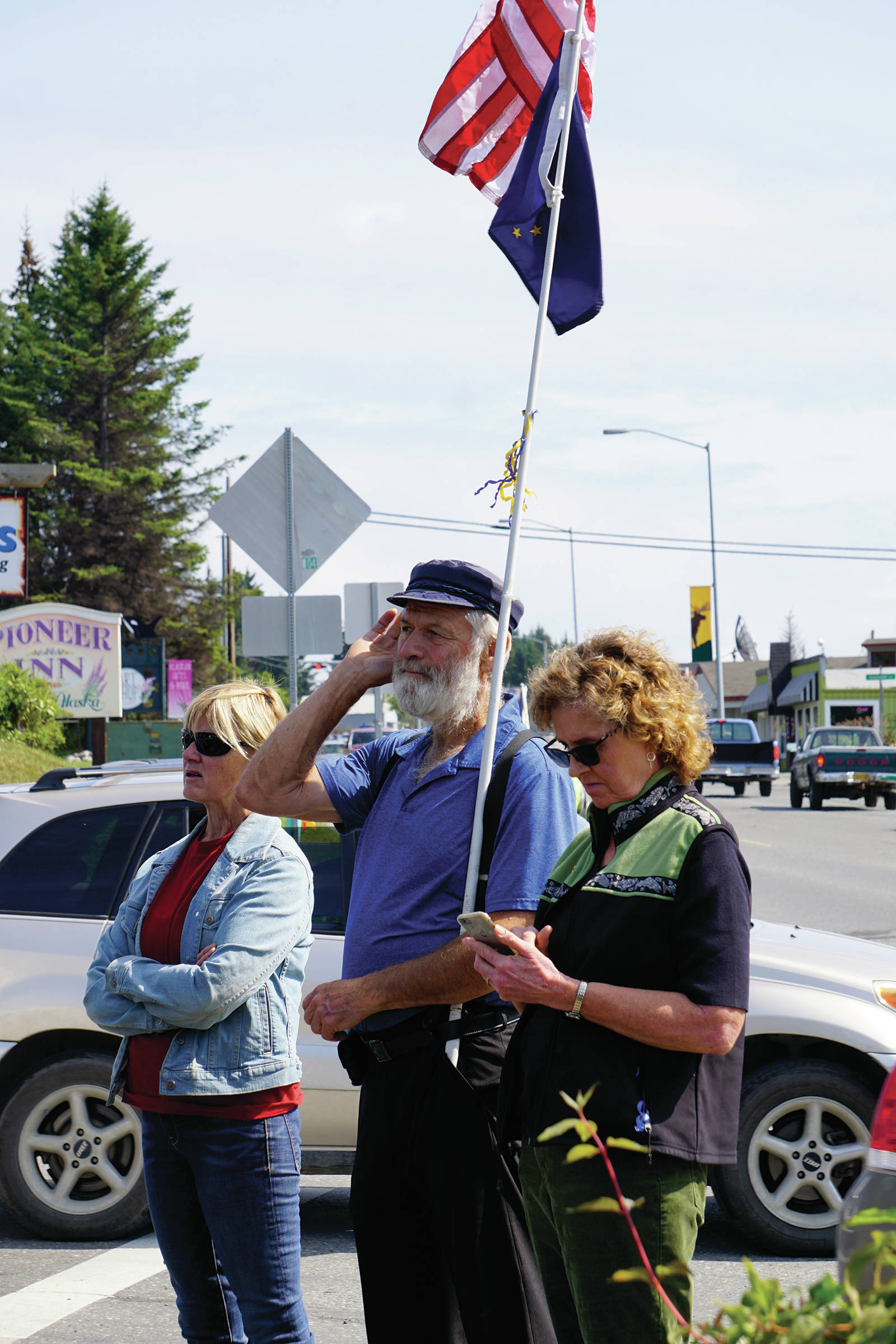 Former District 31 Rep. Paul Seaton, NP-Homer, listens at a rally Sunday, July 28, 2019, against Gov. Mike Dunleavy’s budget cuts at the Legislative Information Office, Homer, Alaska. (Photo by Michael Armstrong/Homer News).