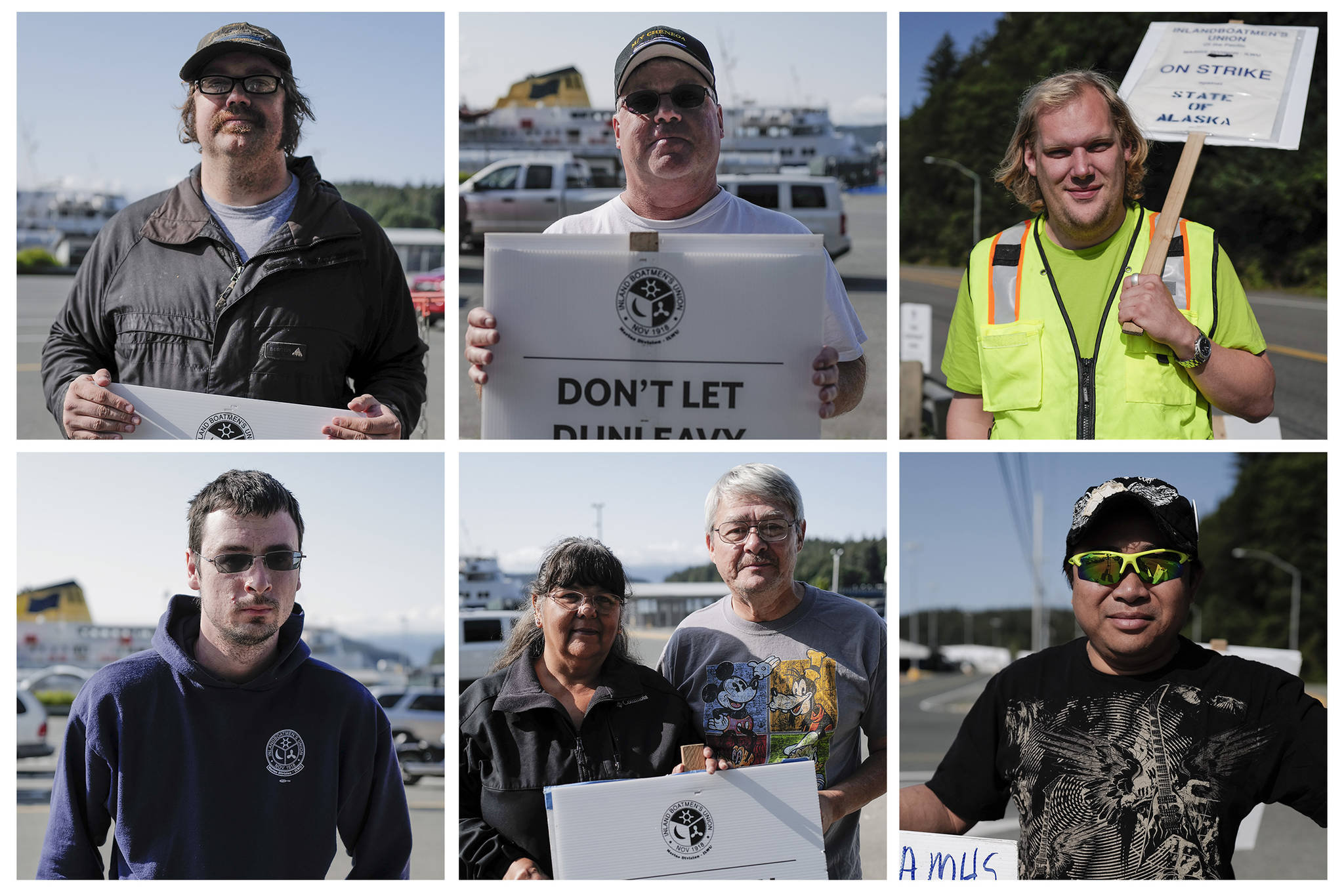 Portraits of six people at the picket line for the Inlandboatmen’s Union of the Pacific at the Alaska Marine Highway System’s Auke Bay Terminal on Tuesday, July 30, 2019. Pictured from left are Joseph Garrett, Dane Dickey, Conan Leegard, Paul Lorentz, Carl Weimer with his wife Sharilee, and Johnny Ruiz. (Michael Penn | Juneau Empire)